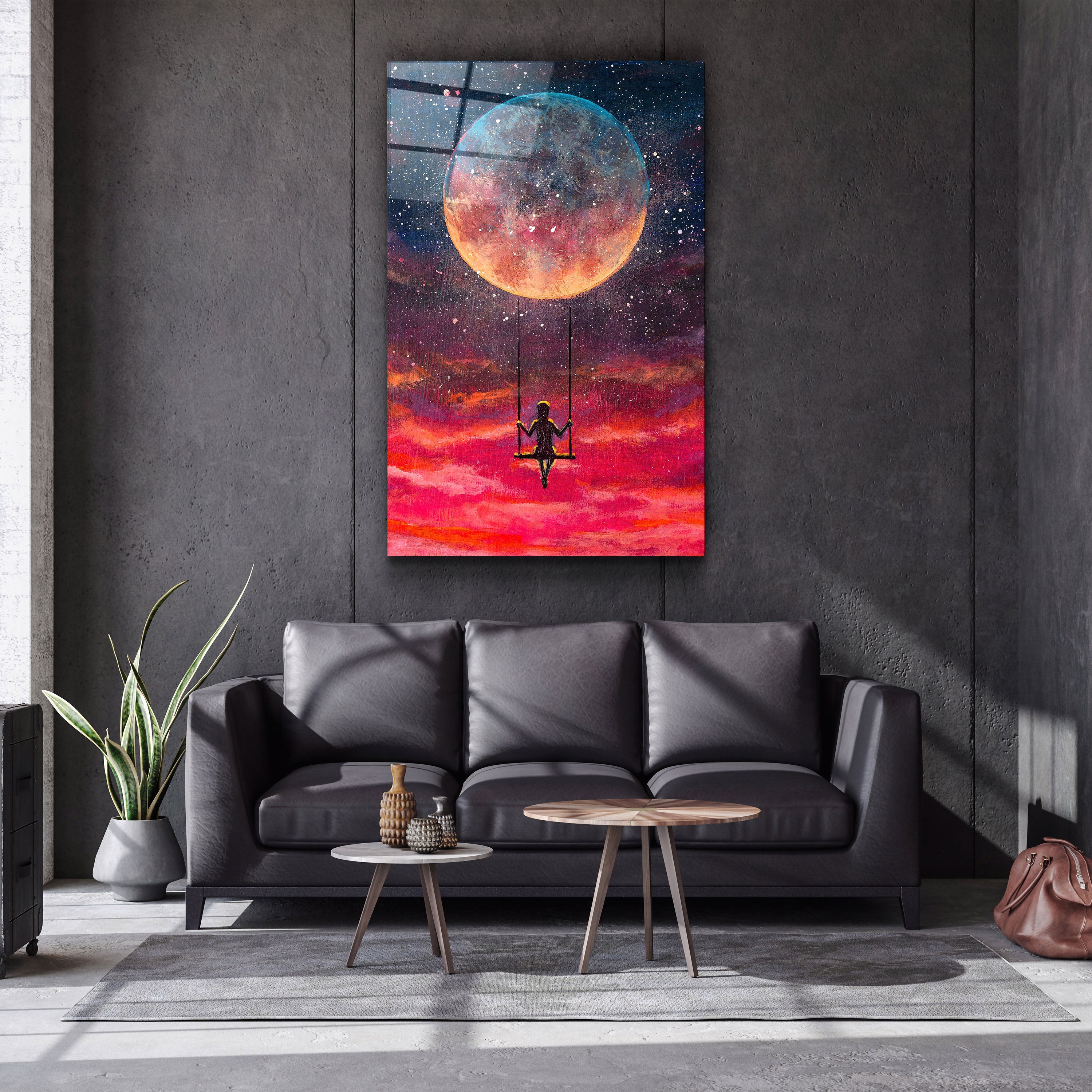 ・"Girl Swinging Under The Moon"・Glass Wall Art