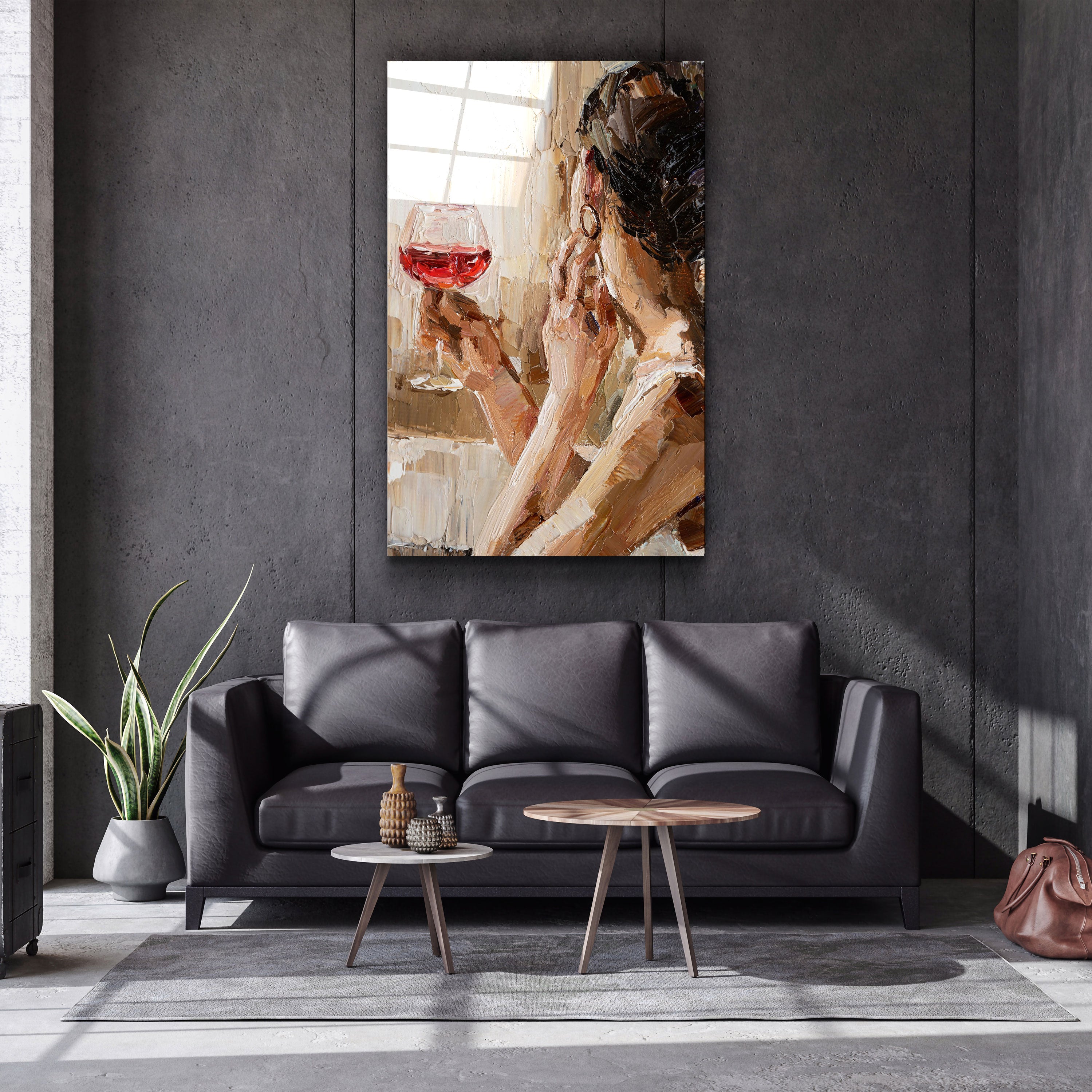 ・"Abstract Woman Potrait With Wine"・GLASS WALL ART