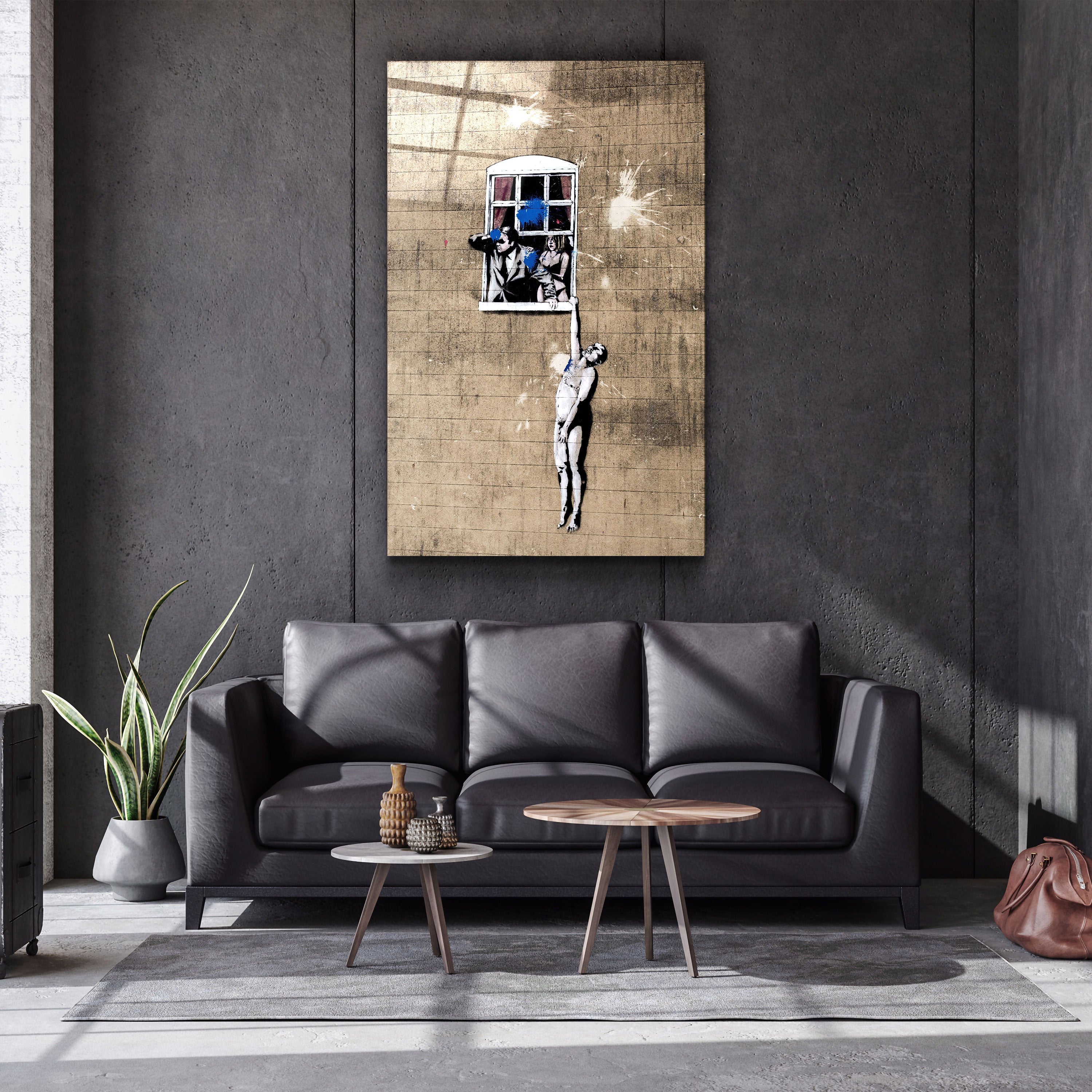 ・"Banksy - Man hanging from a window"・Glass Wall Art