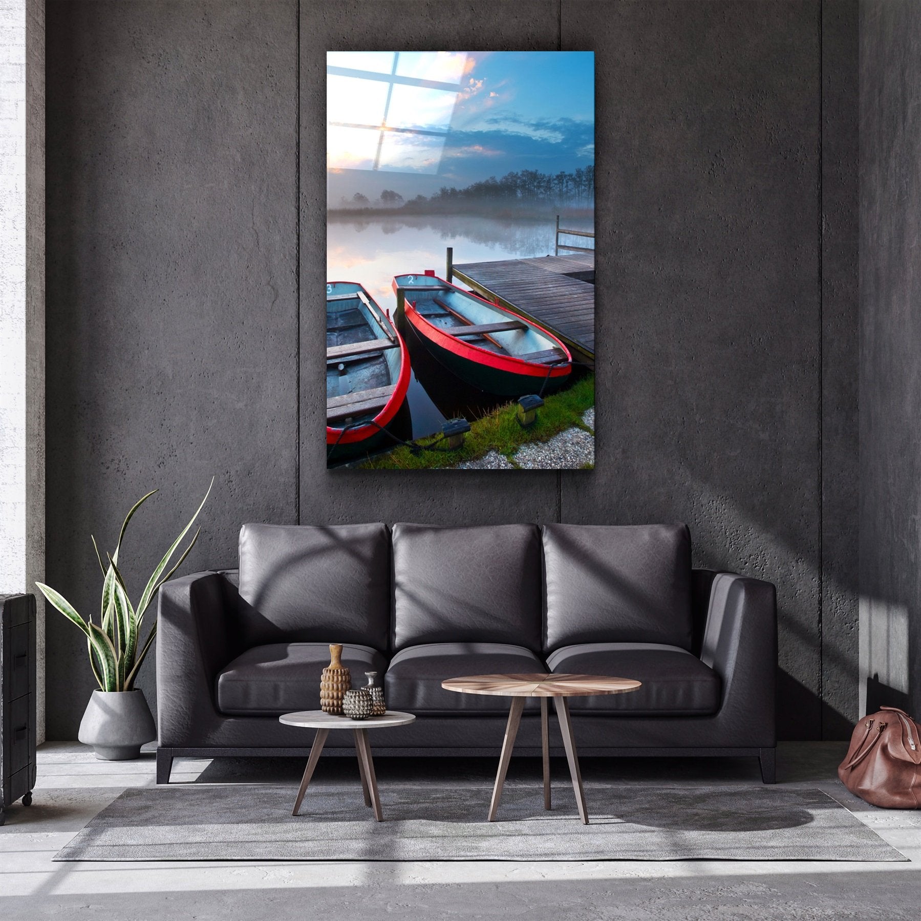 ・"Paysage de lac et de bateau"・Art mural en verre