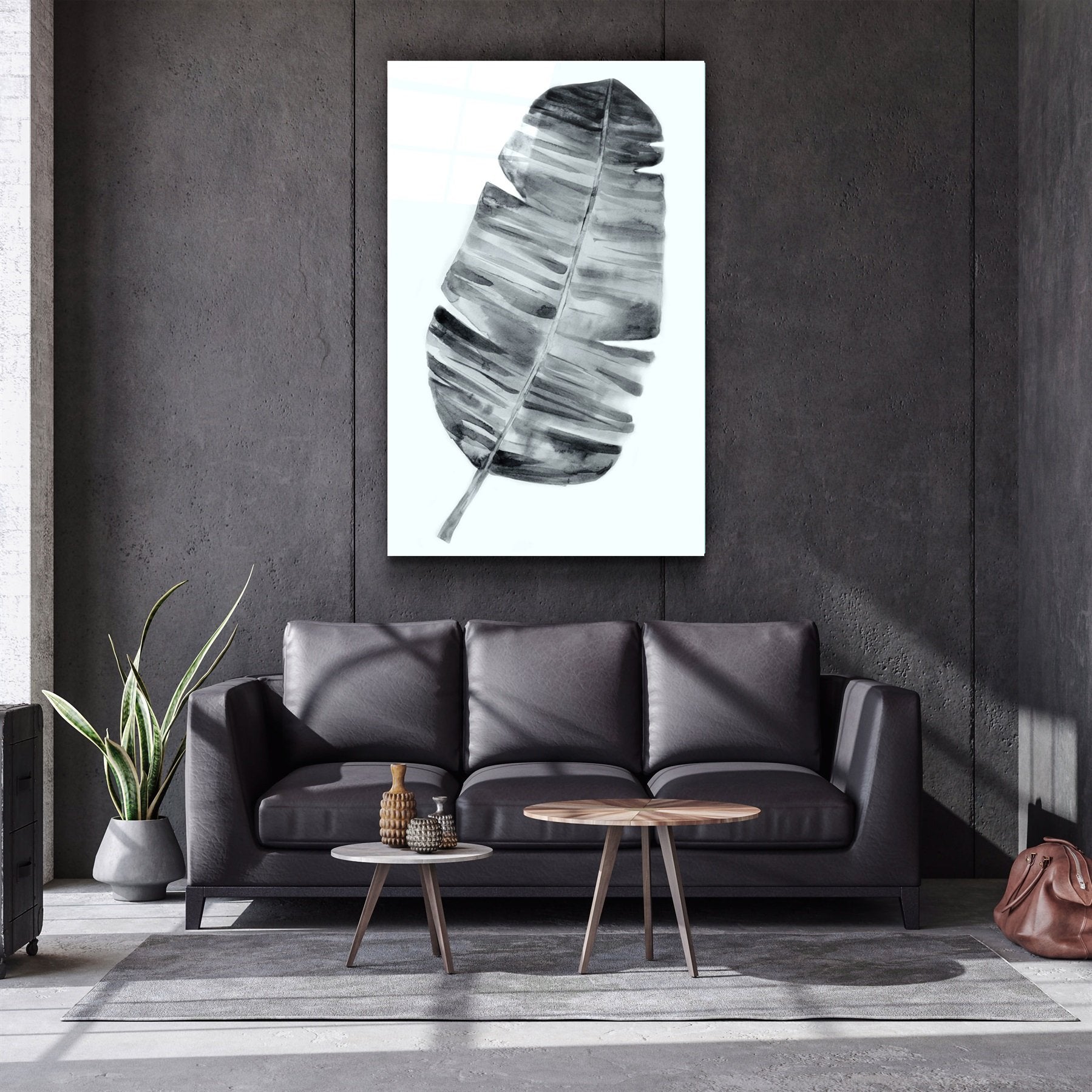 ・"Abstract Black and White Leaf"・Glass Wall Art