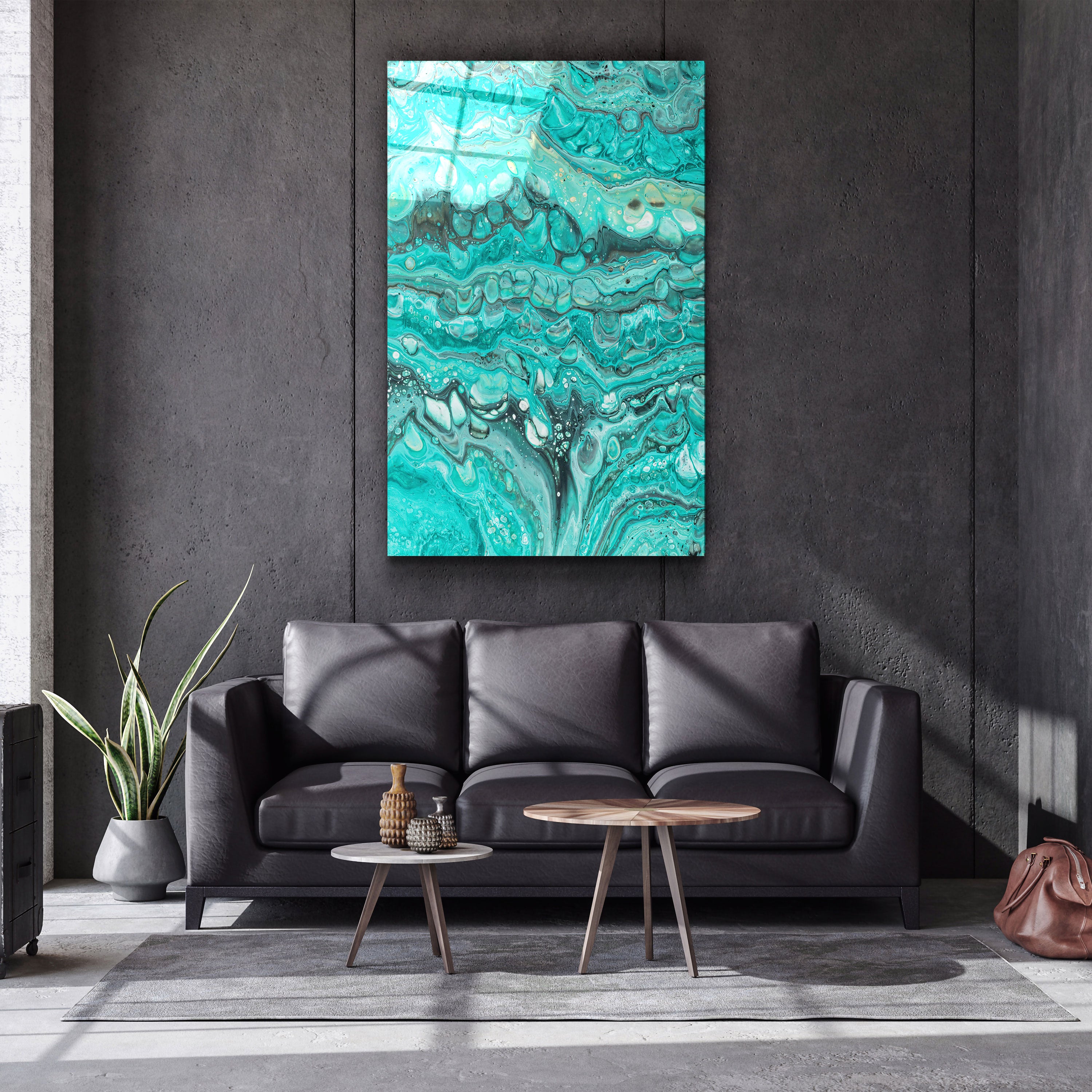 ・"Abstract Turquoise Ink Drops"・Designer's Collection Glass Wall Art