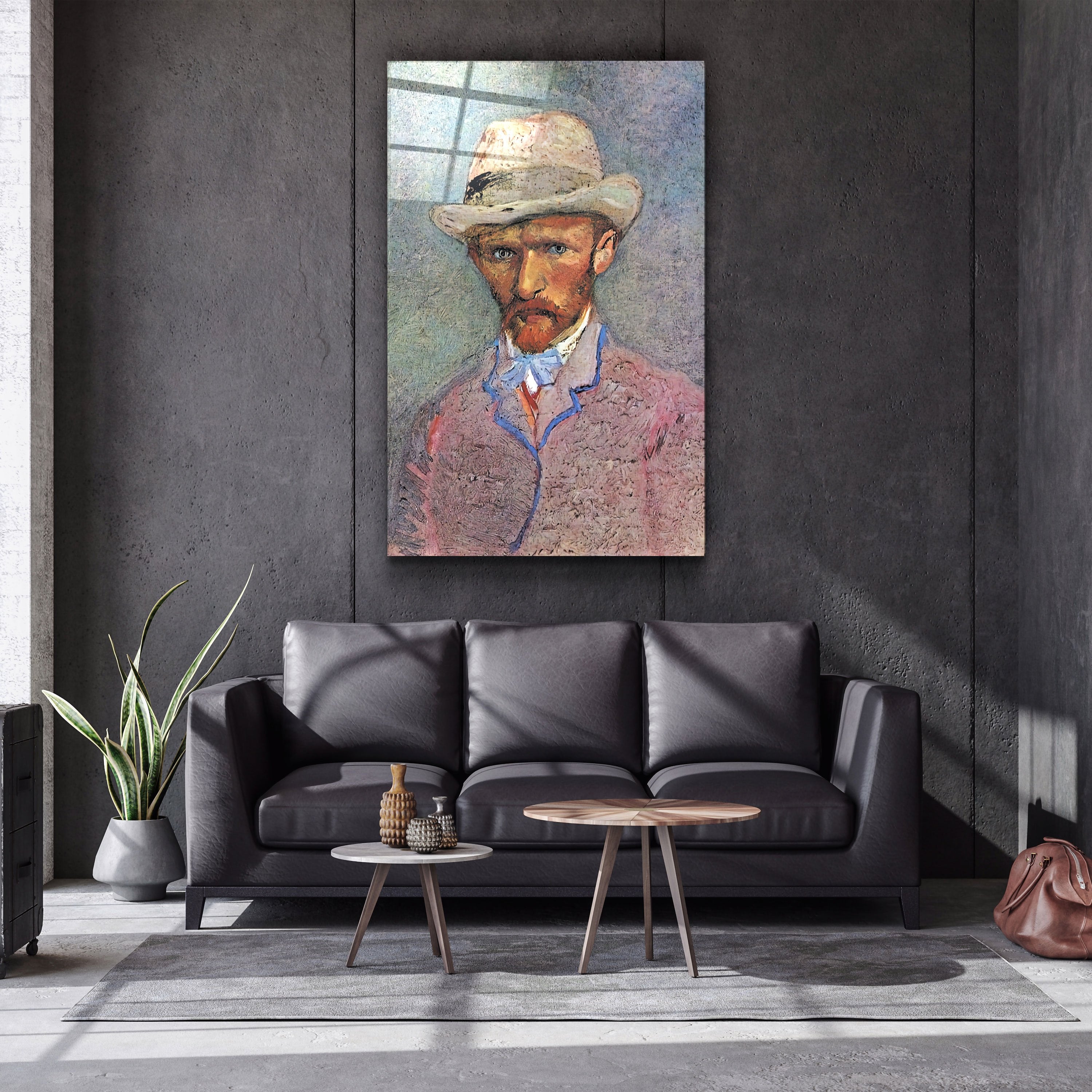 ・"Vincent van Gogh's Self-Portrait with a Gray Straw Hat (1887)"・Glass Wall Art