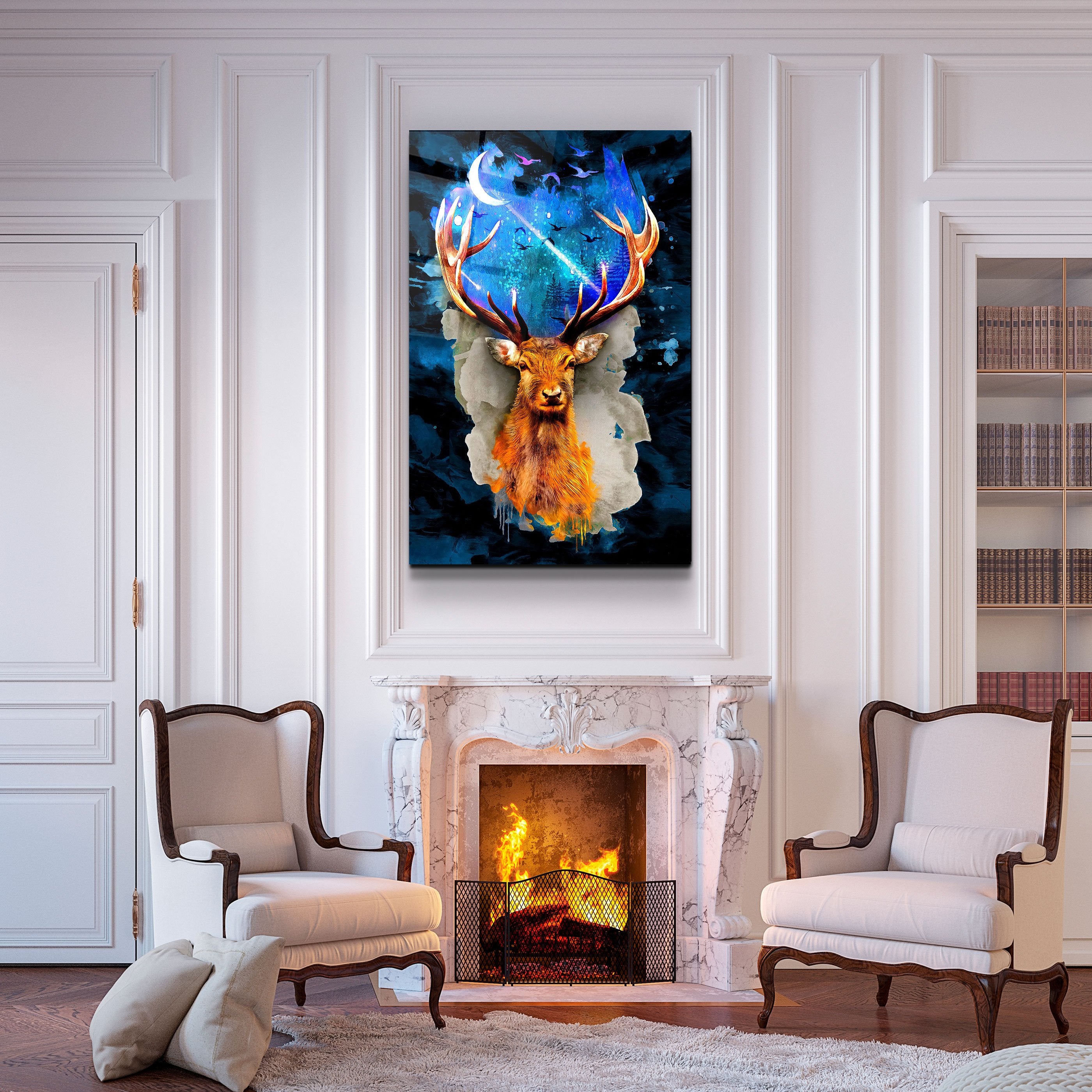 ・"Deer & Moon"・Glass Wall Art