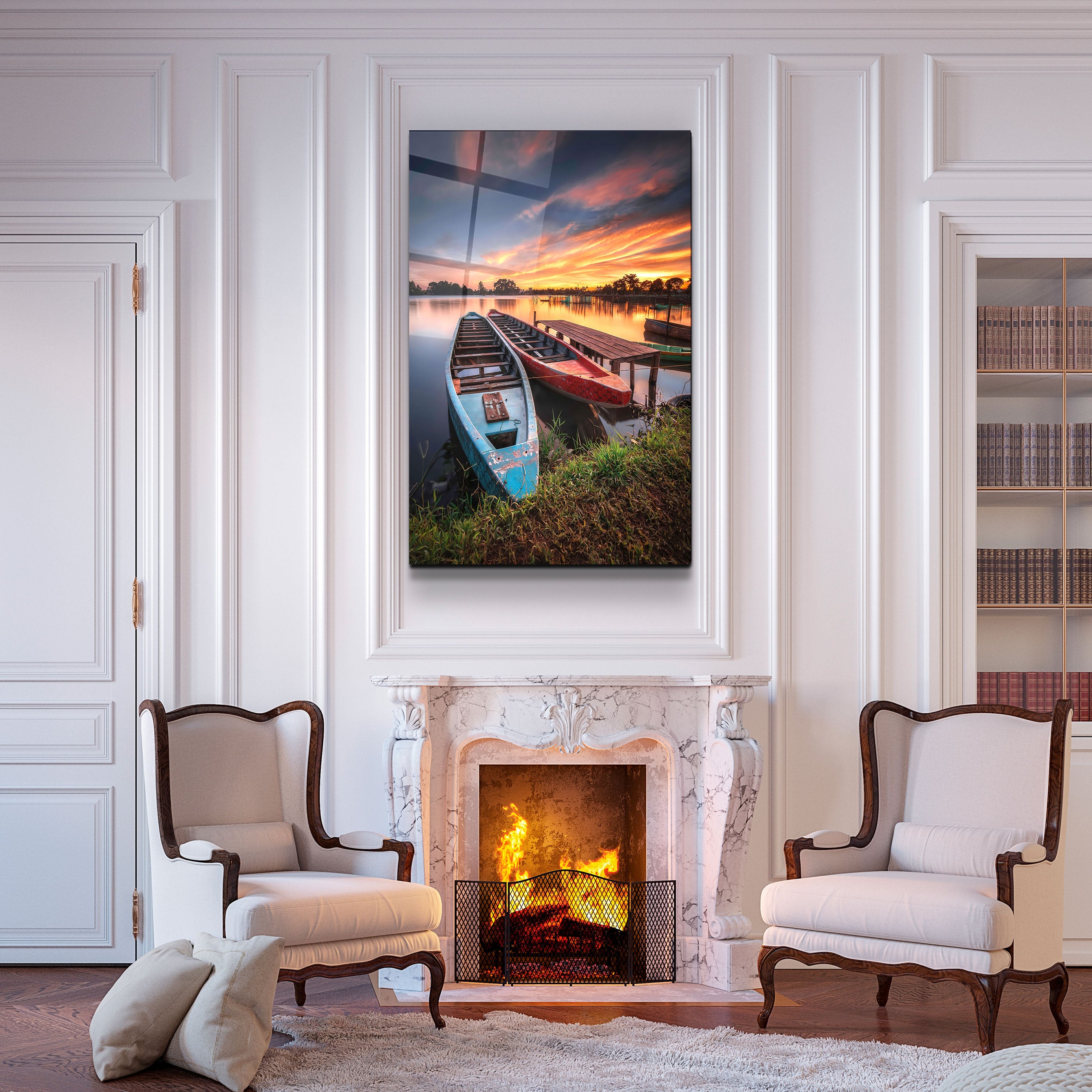 ・"Longboats With Sunset"・Glass Wall Art