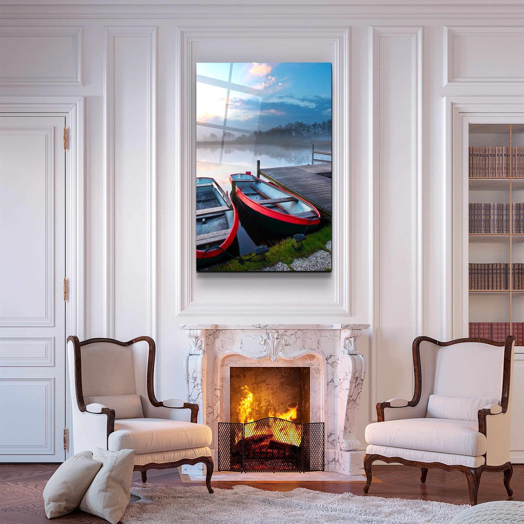 ・"Lake and Boat Landscape"・Glass Wall Art