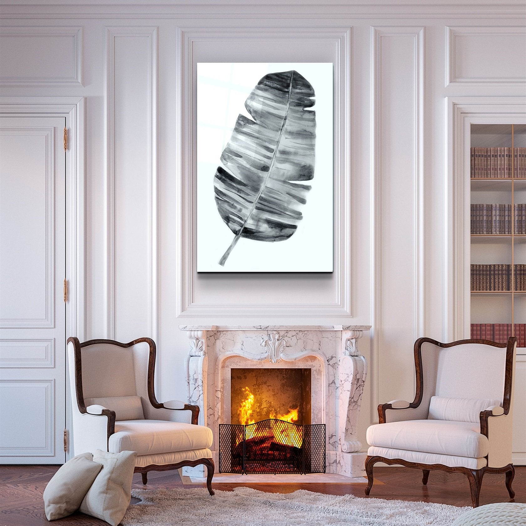 ・"Abstract Black and White Leaf"・Glass Wall Art