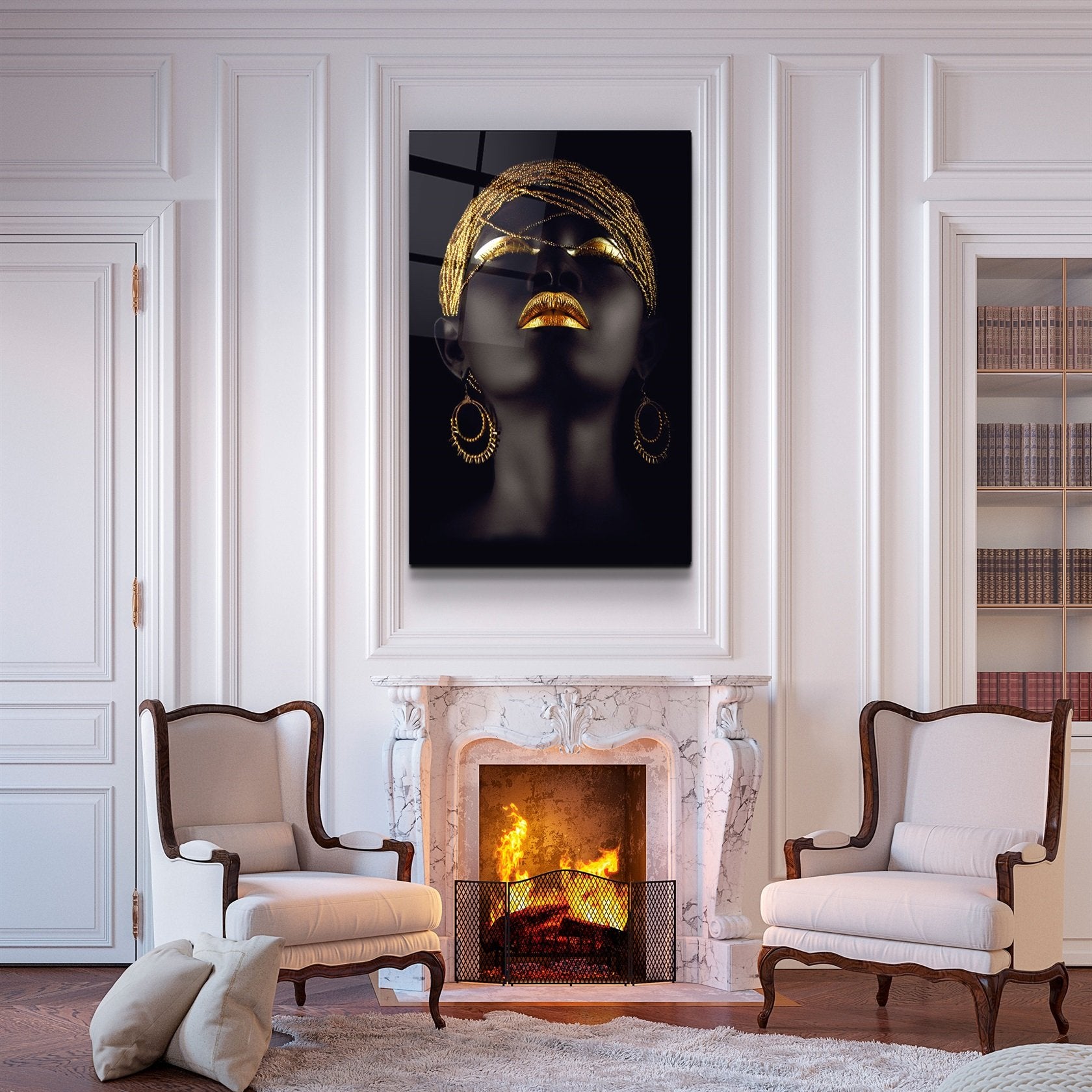 ・"Golden Lips Woman Portrait V2"・Glass Wall Art