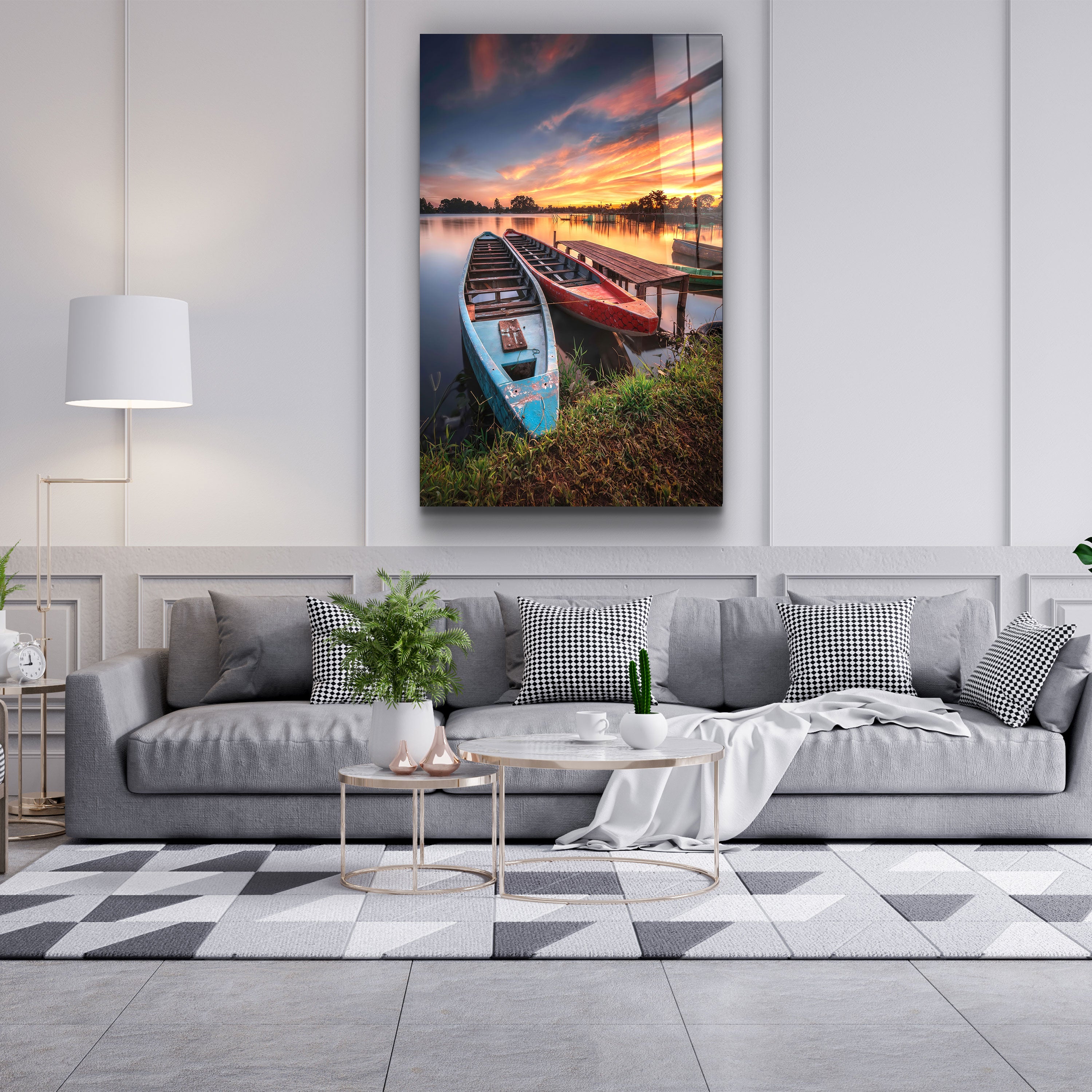 ・"Longboats With Sunset"・Glass Wall Art