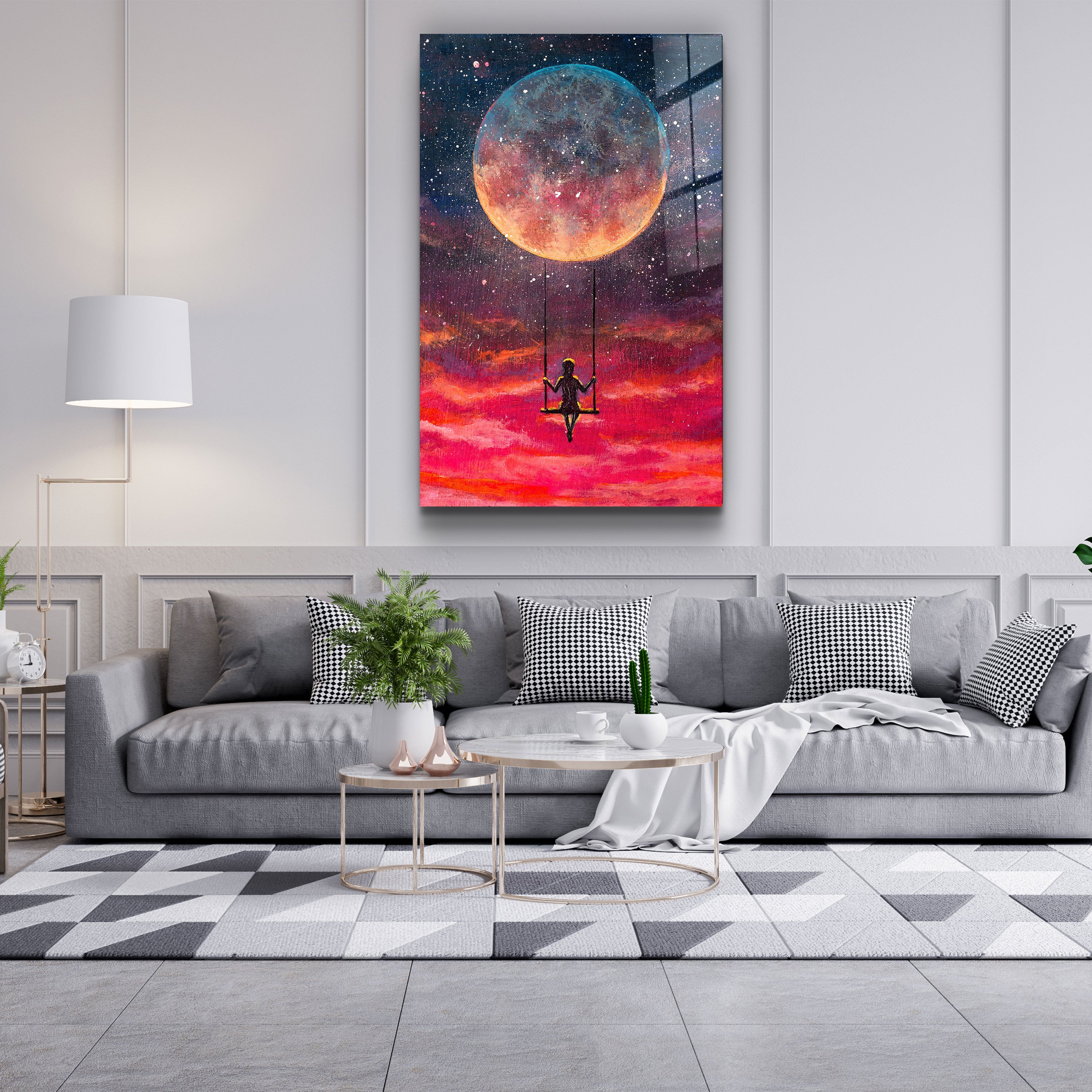 ・"Girl Swinging Under The Moon"・Glass Wall Art