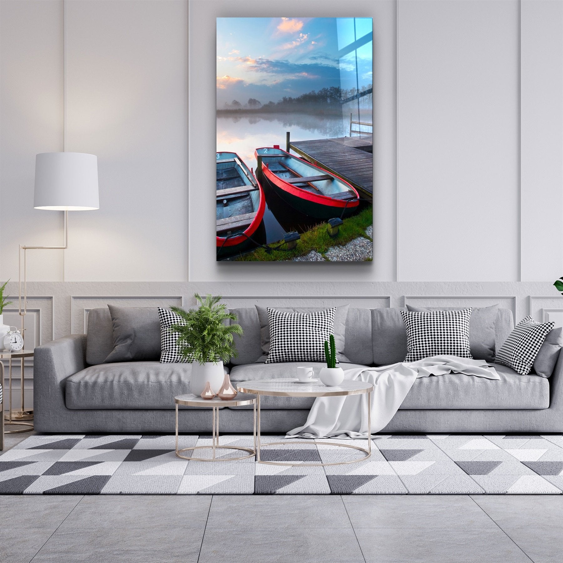 ・"Lake and Boat Landscape"・Glass Wall Art