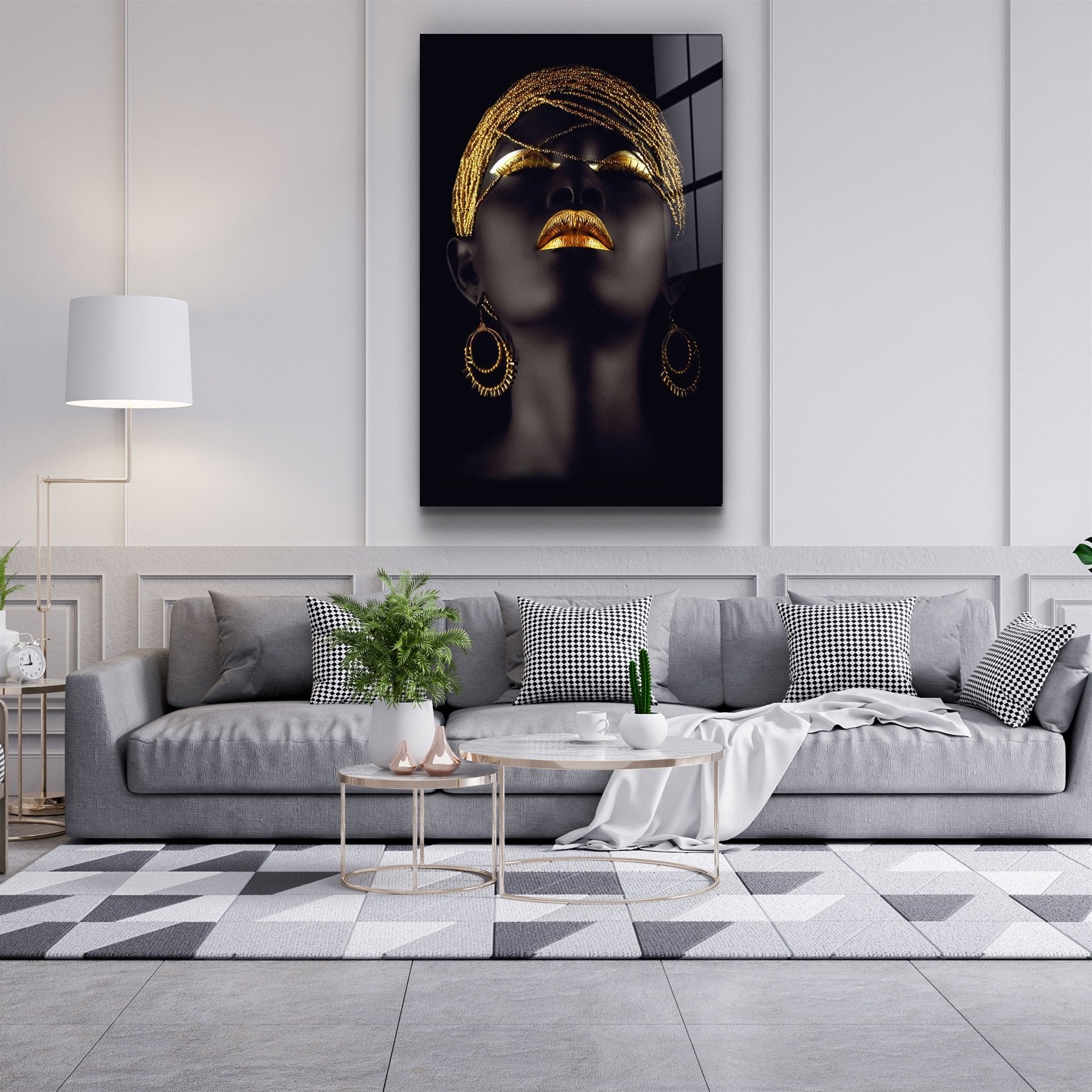 ・"Golden Lips Woman Portrait V2"・Glass Wall Art