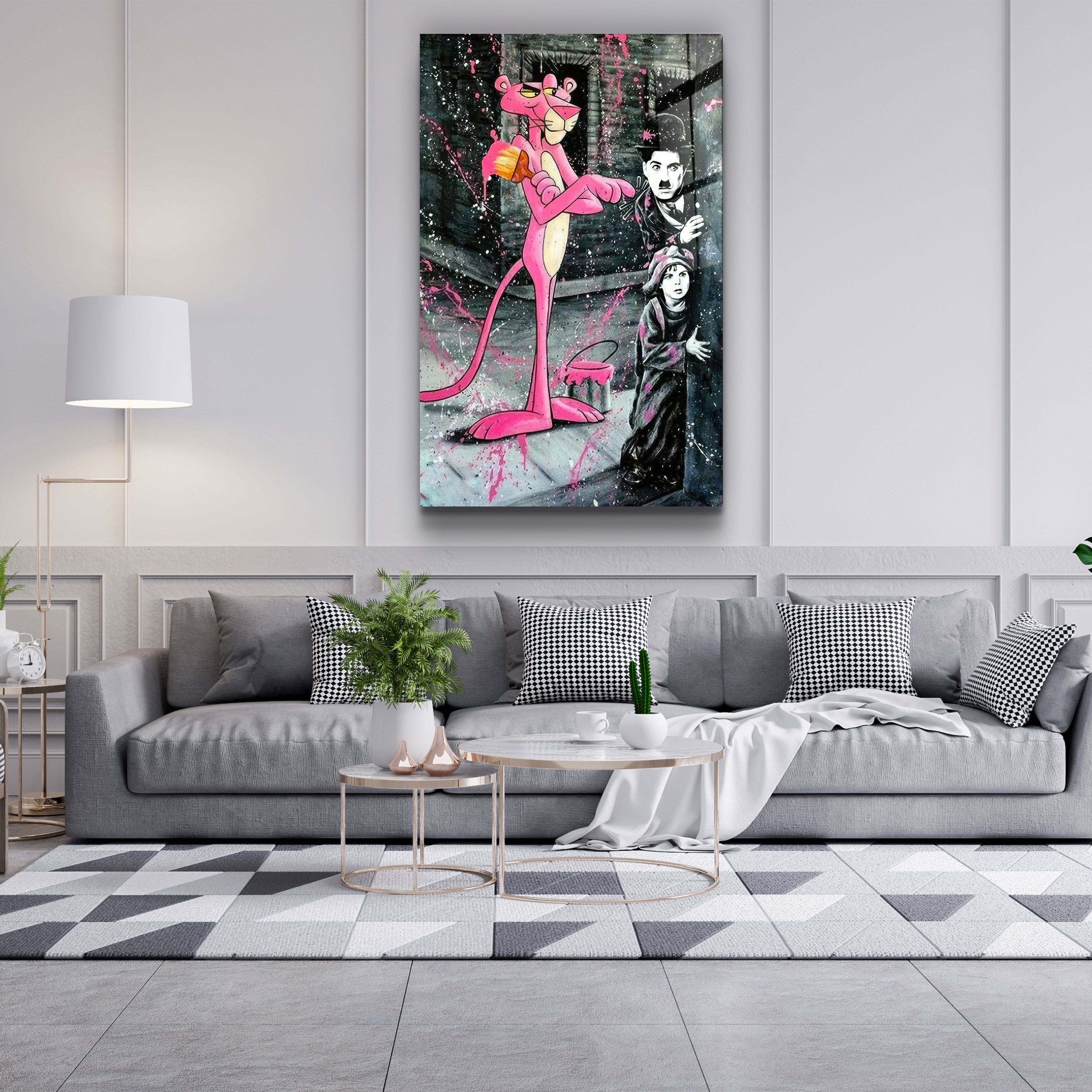 ・"Pink Panther & Charlie"・Art mural en verre de la collection du designer