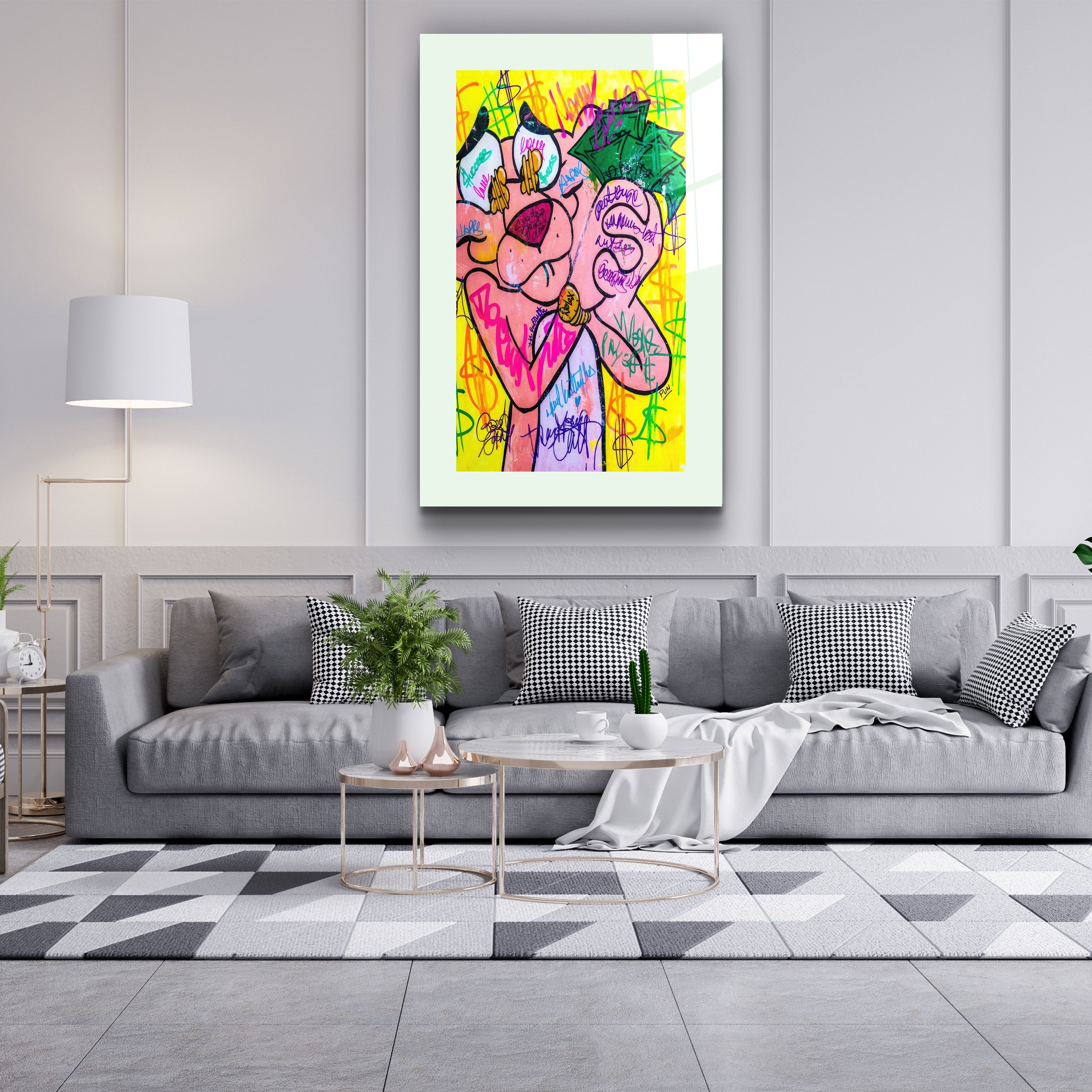 ・"Pink Panther - Retro Painting"・Designer's Collection Glass Wall Art