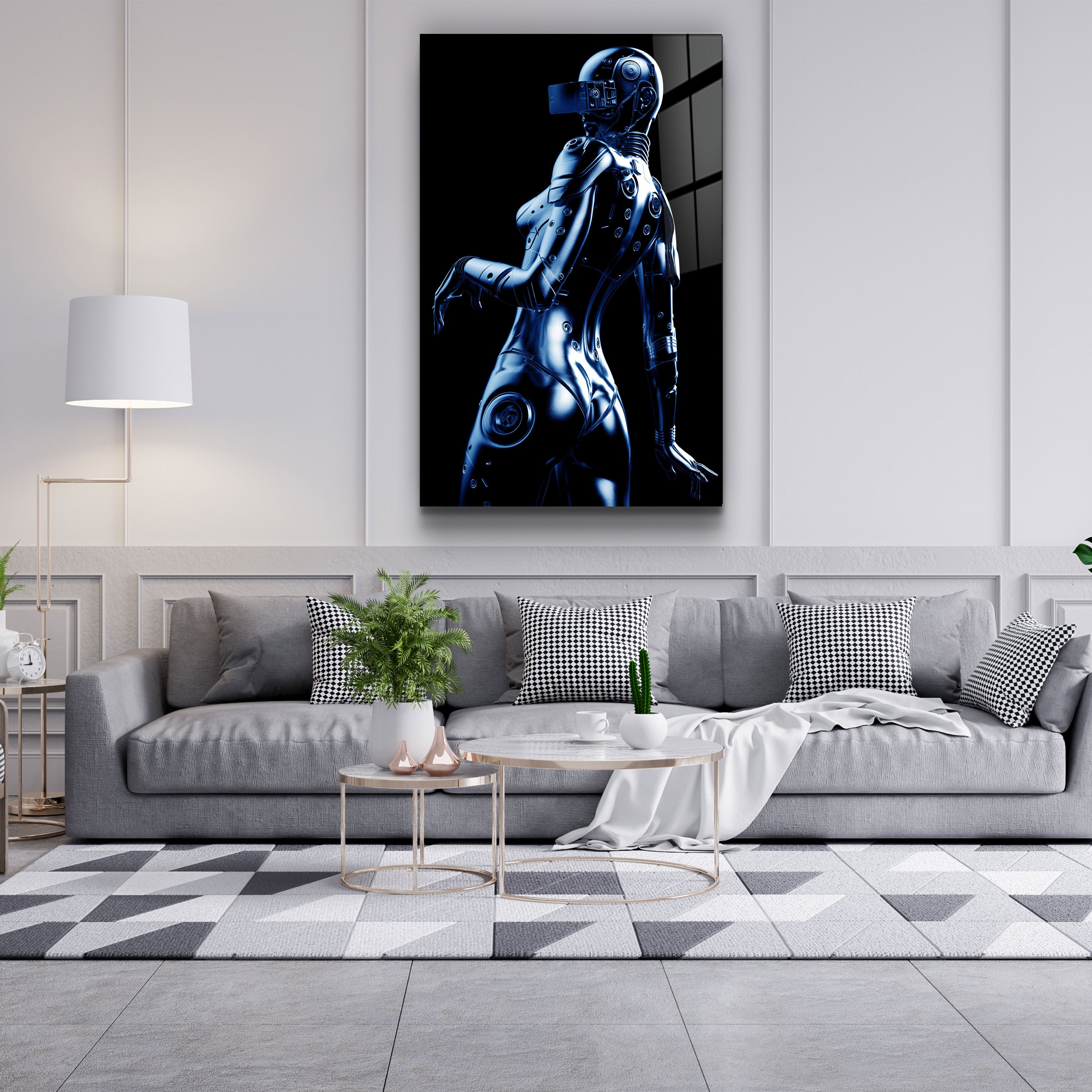 ・"Robo Girl Metalic Blue"・Art mural en verre de la collection du designer