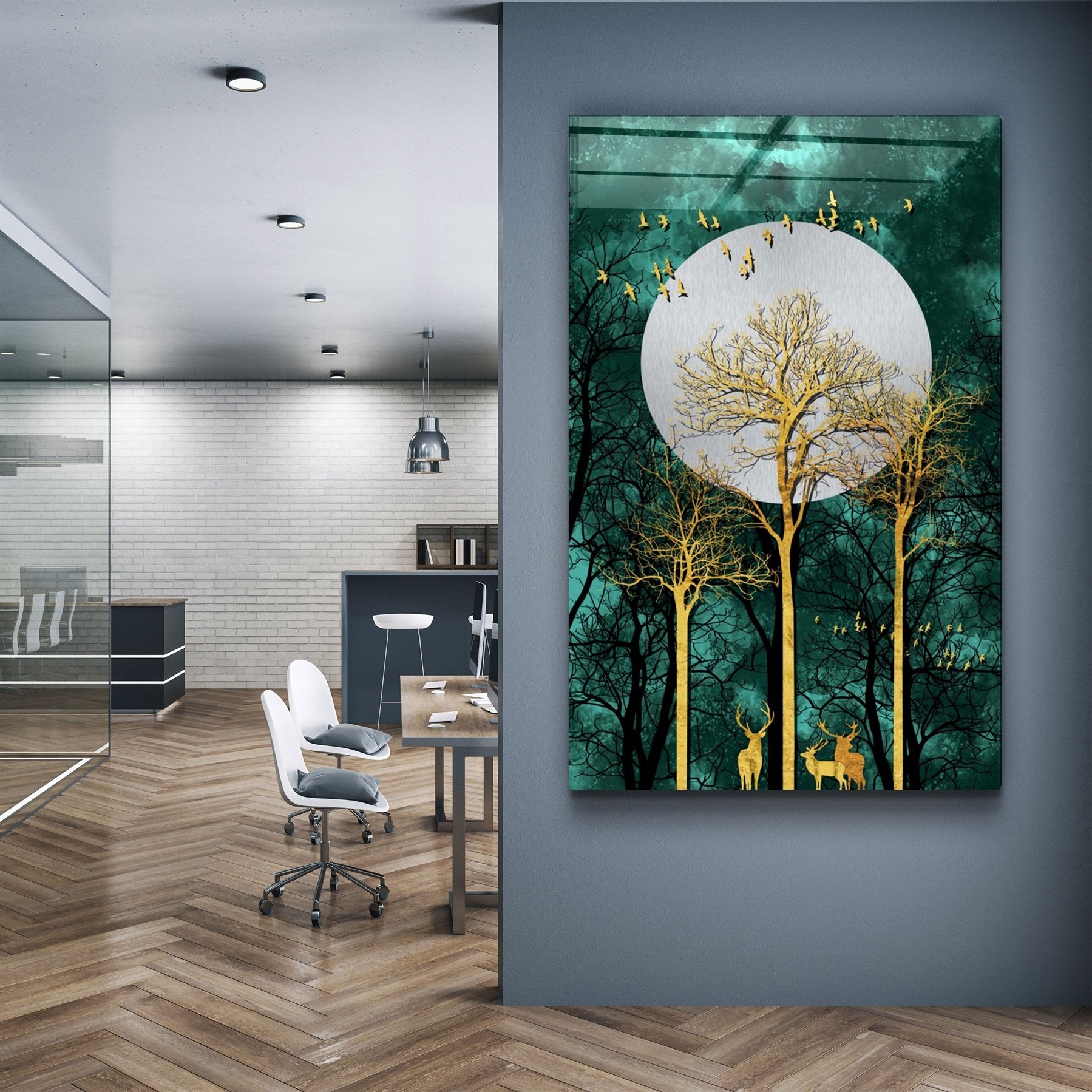 ・"Abstract Deer & Birds V3"・Glass Wall Art