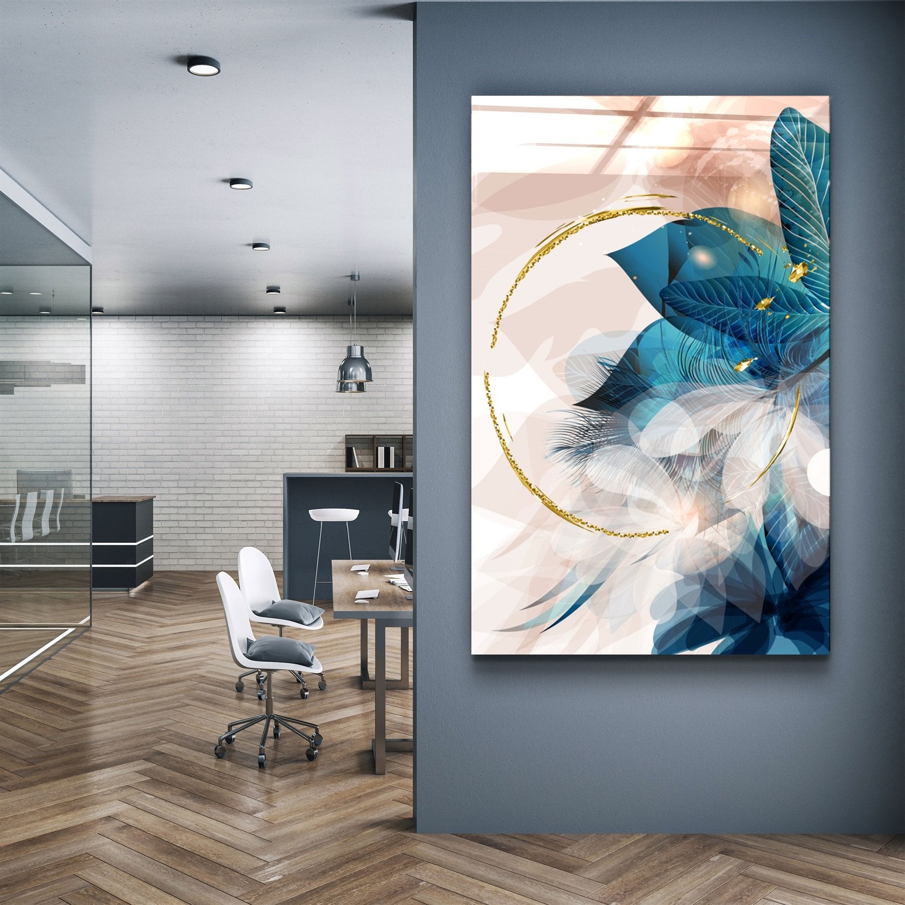 ・"Abstract Blue Leaves"・Glass Wall Art