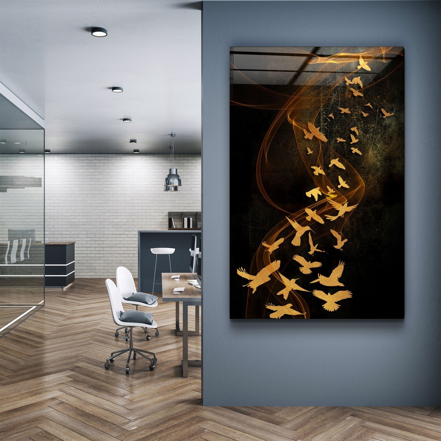 ・"Abstract Yellow Birds"・Glass Wall Art