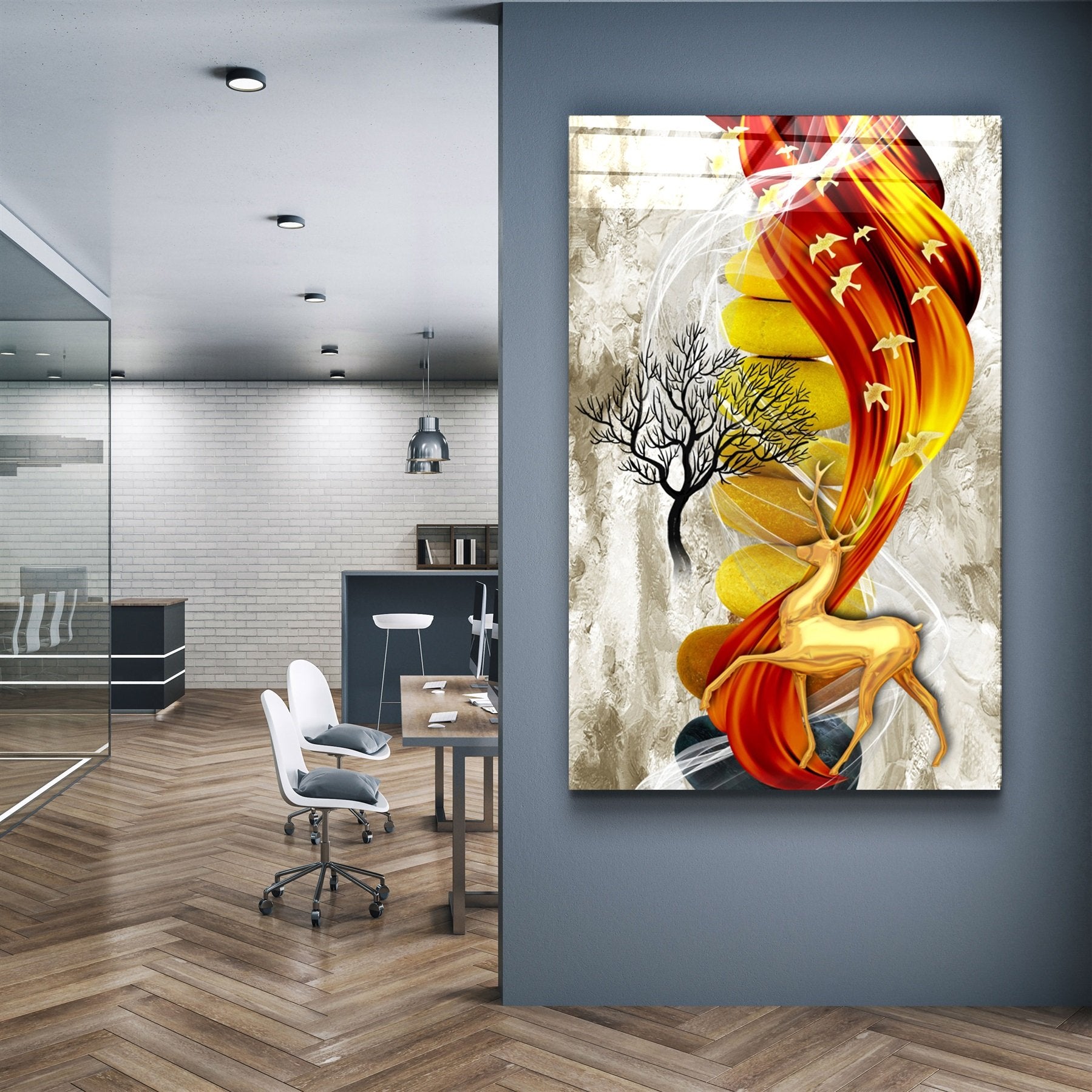 ・"Cerfs et oiseaux V4"・Art mural en verre