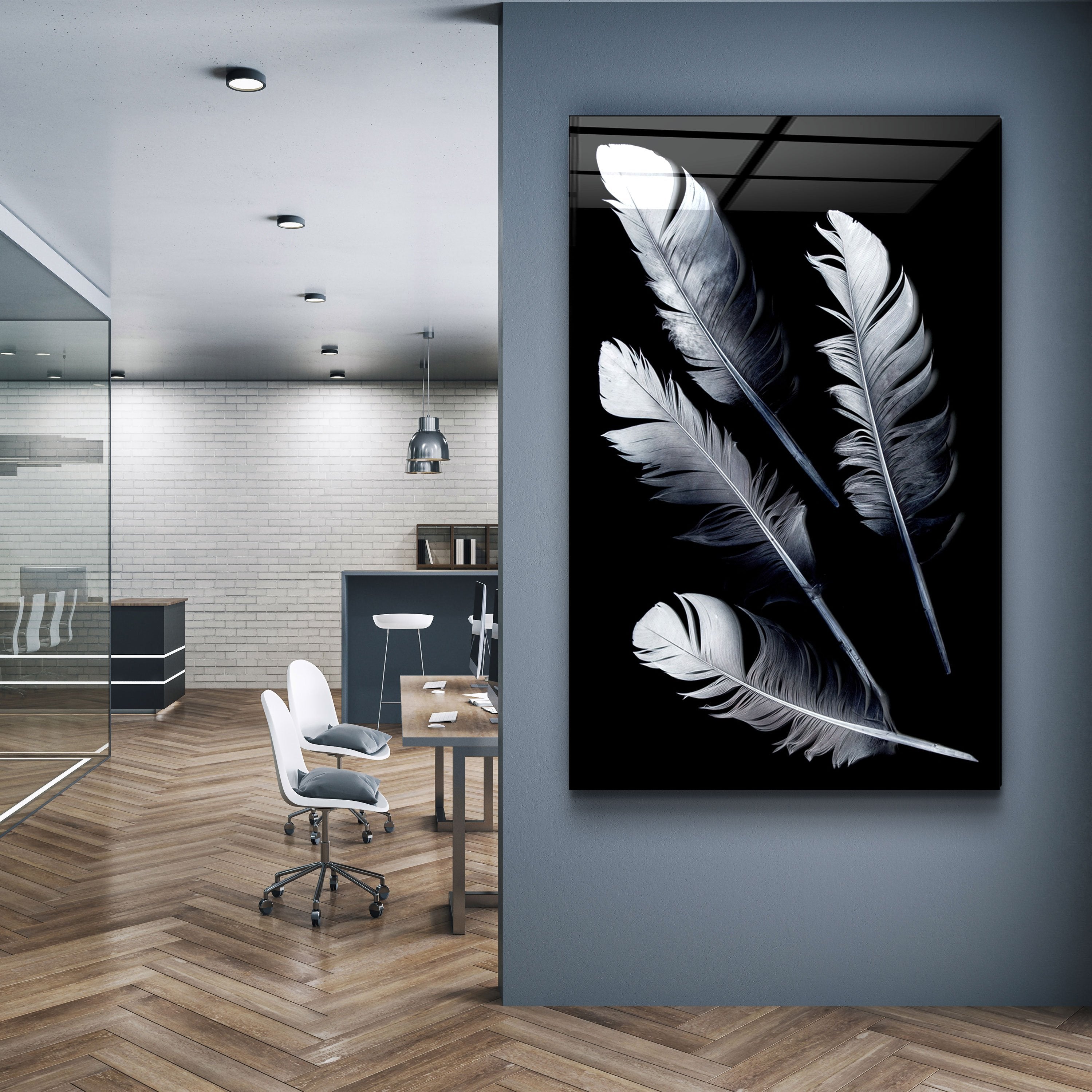 ・"White Feathers"・Glass Wall Art