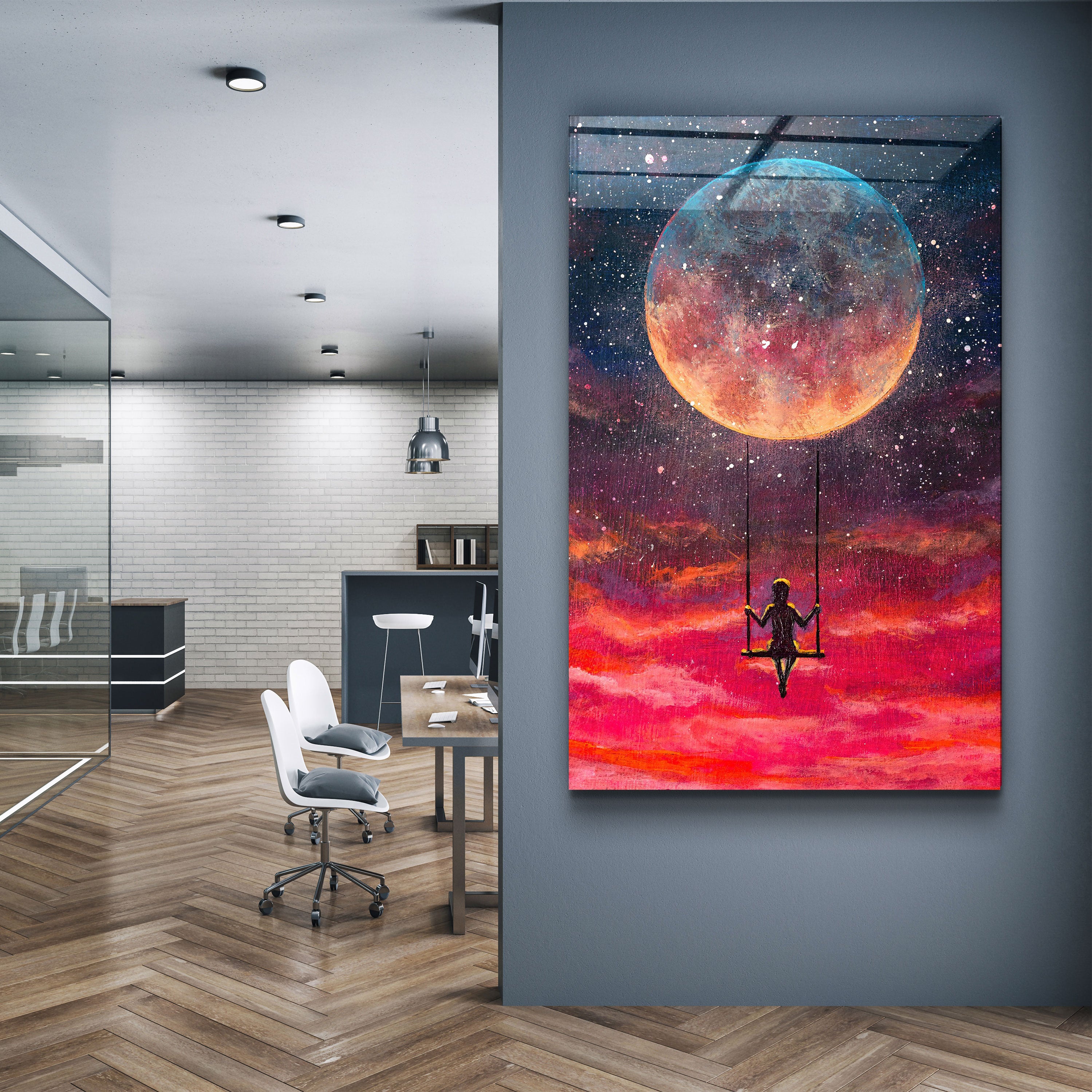 ・"Fille se balançant sous la lune"・Art mural en verre