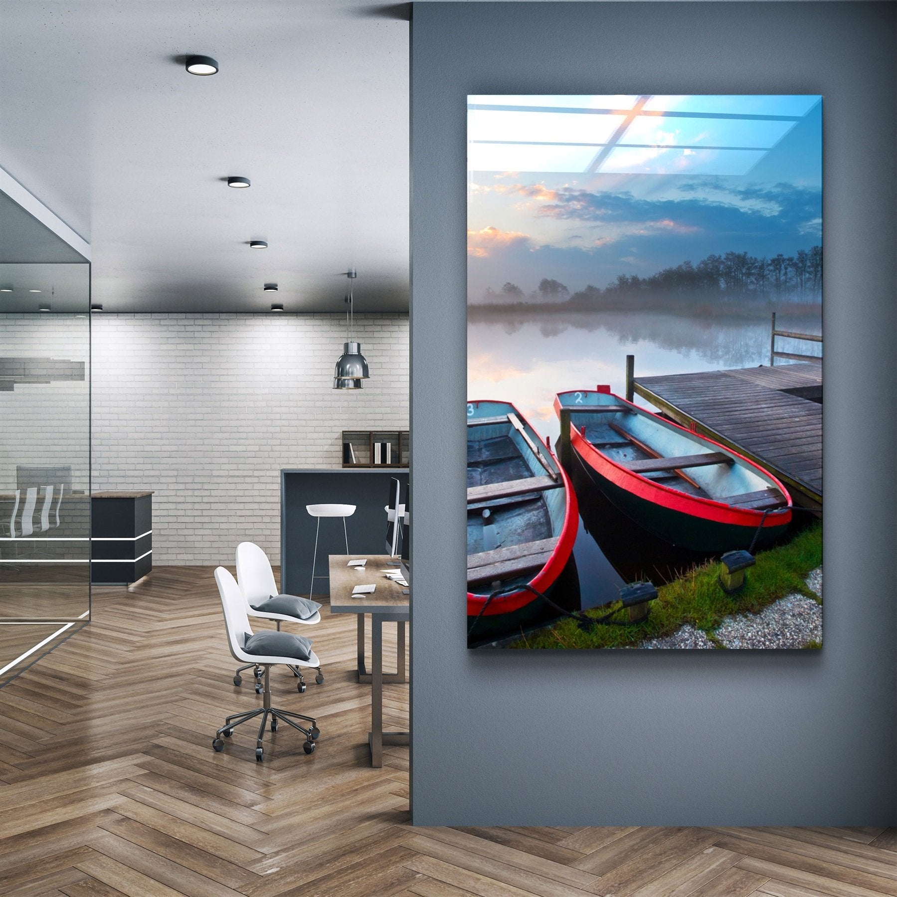 ・"Lake and Boat Landscape"・Glass Wall Art