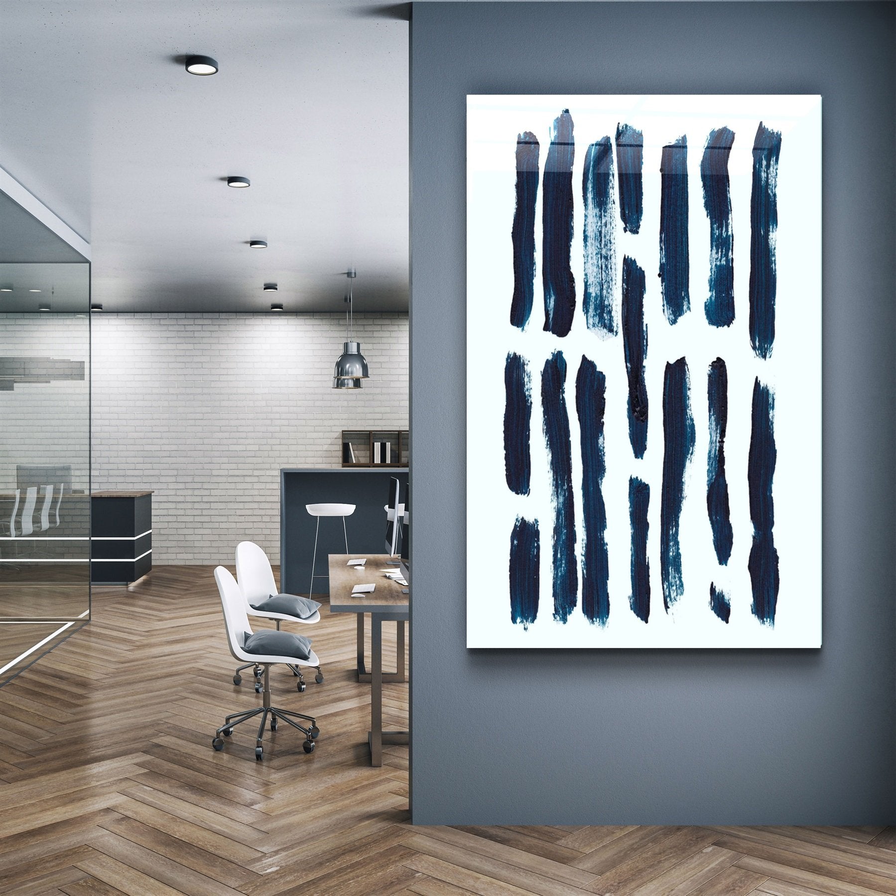 ・"Blue Brush Marks V2"・Glass Wall Art