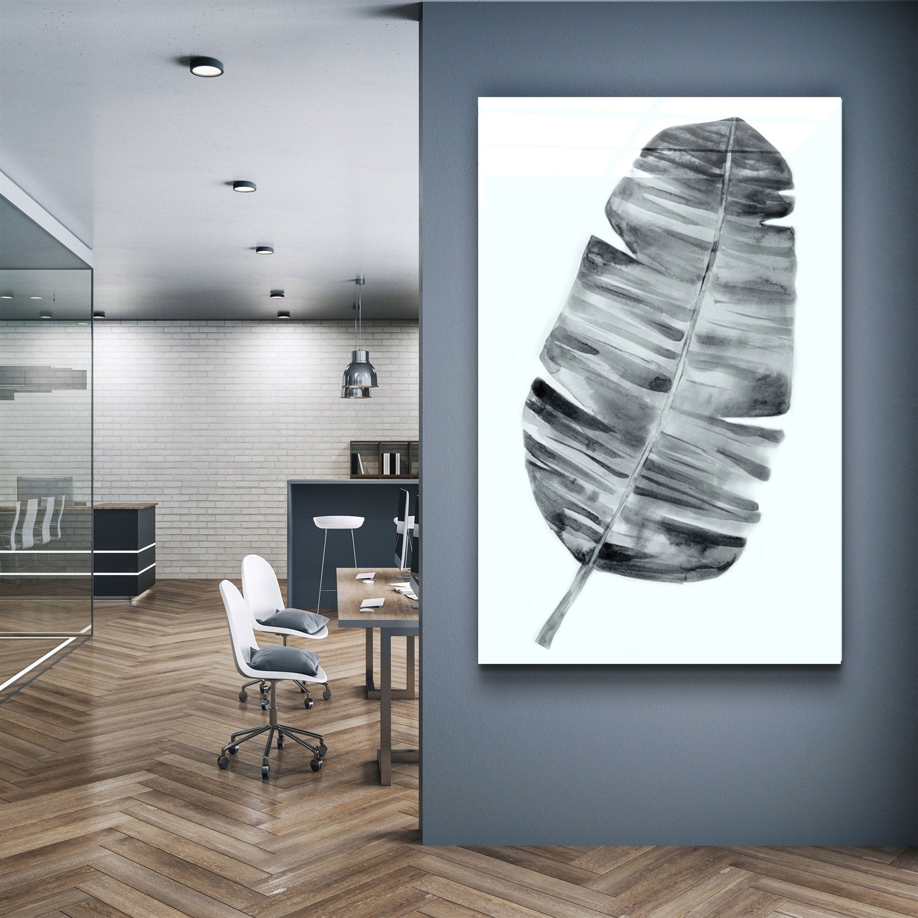 ・"Abstract Black and White Leaf"・Glass Wall Art