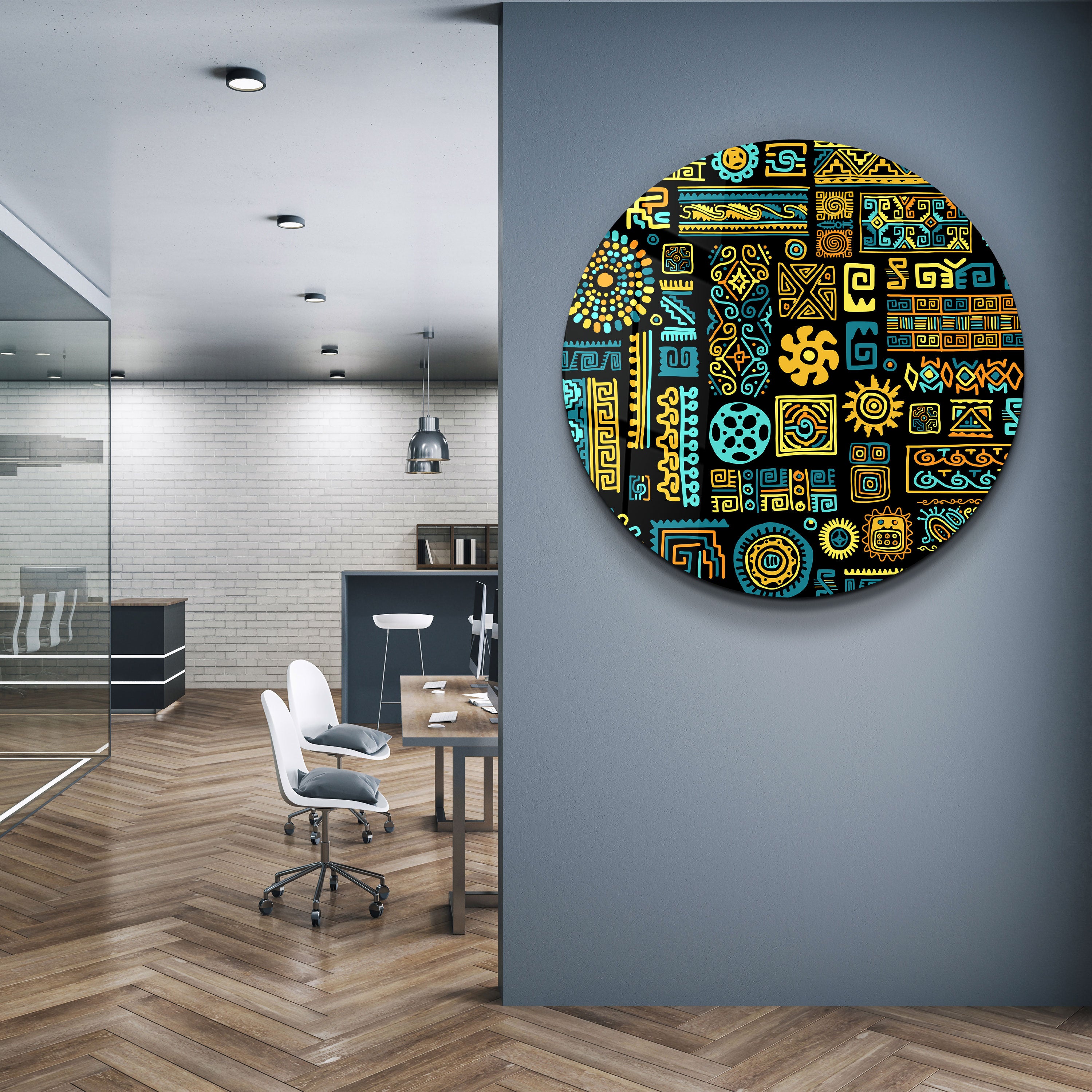・"Signs Black BLue"・Rounded Glass Wall Art
