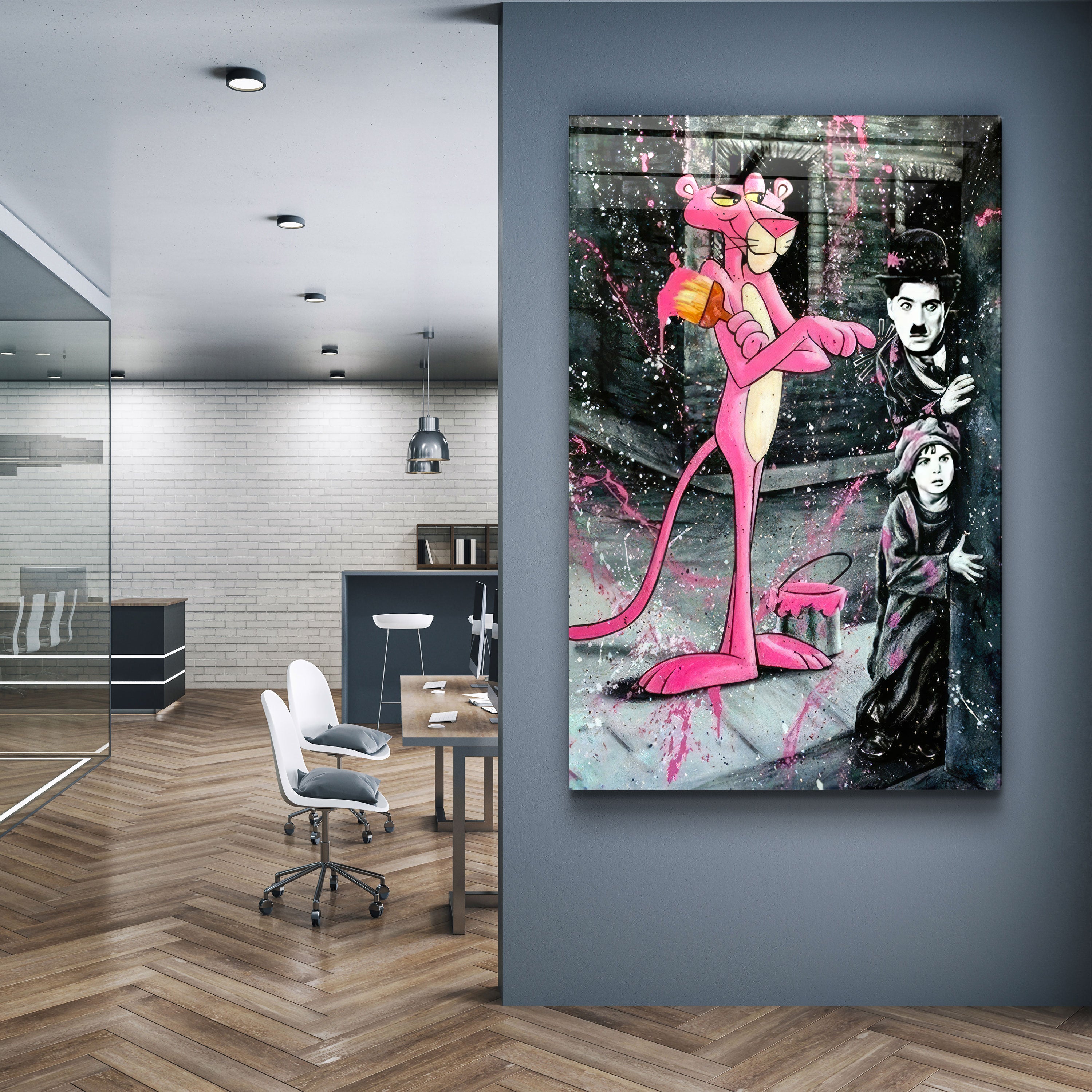 ・"Pink Panther & Charlie"・Art mural en verre de la collection du designer