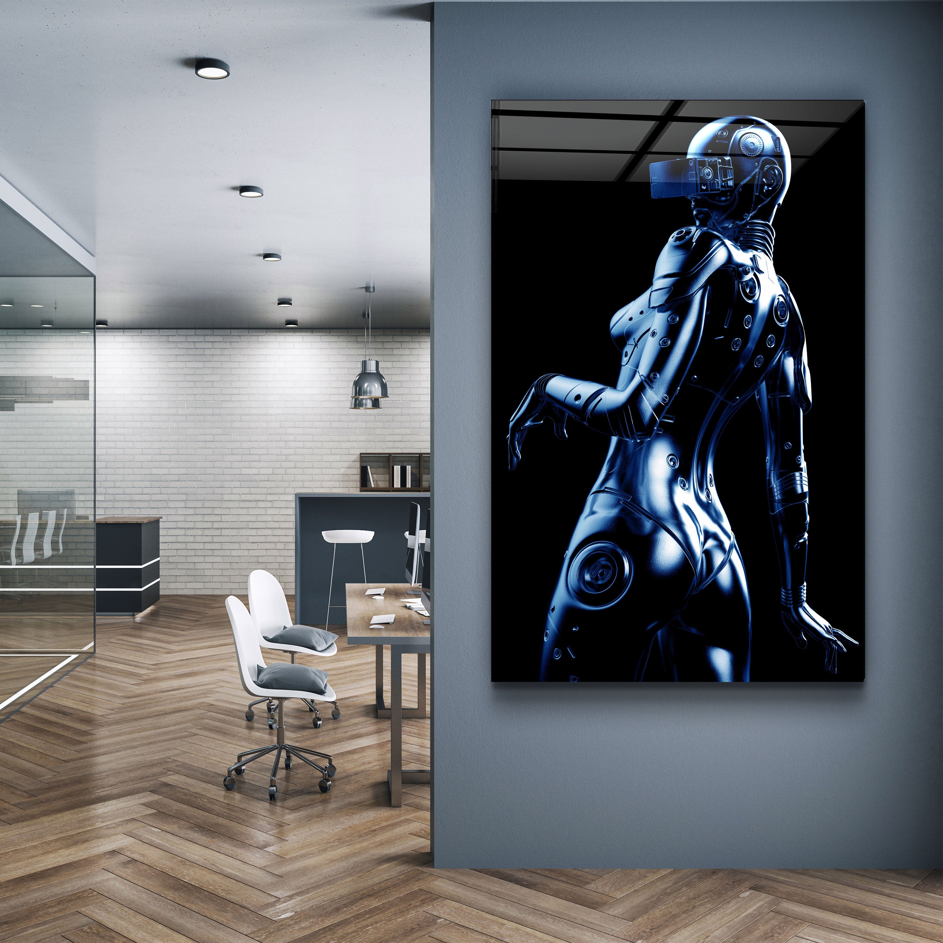 ・"Robo Girl Metalic Blue"・Art mural en verre de la collection du designer