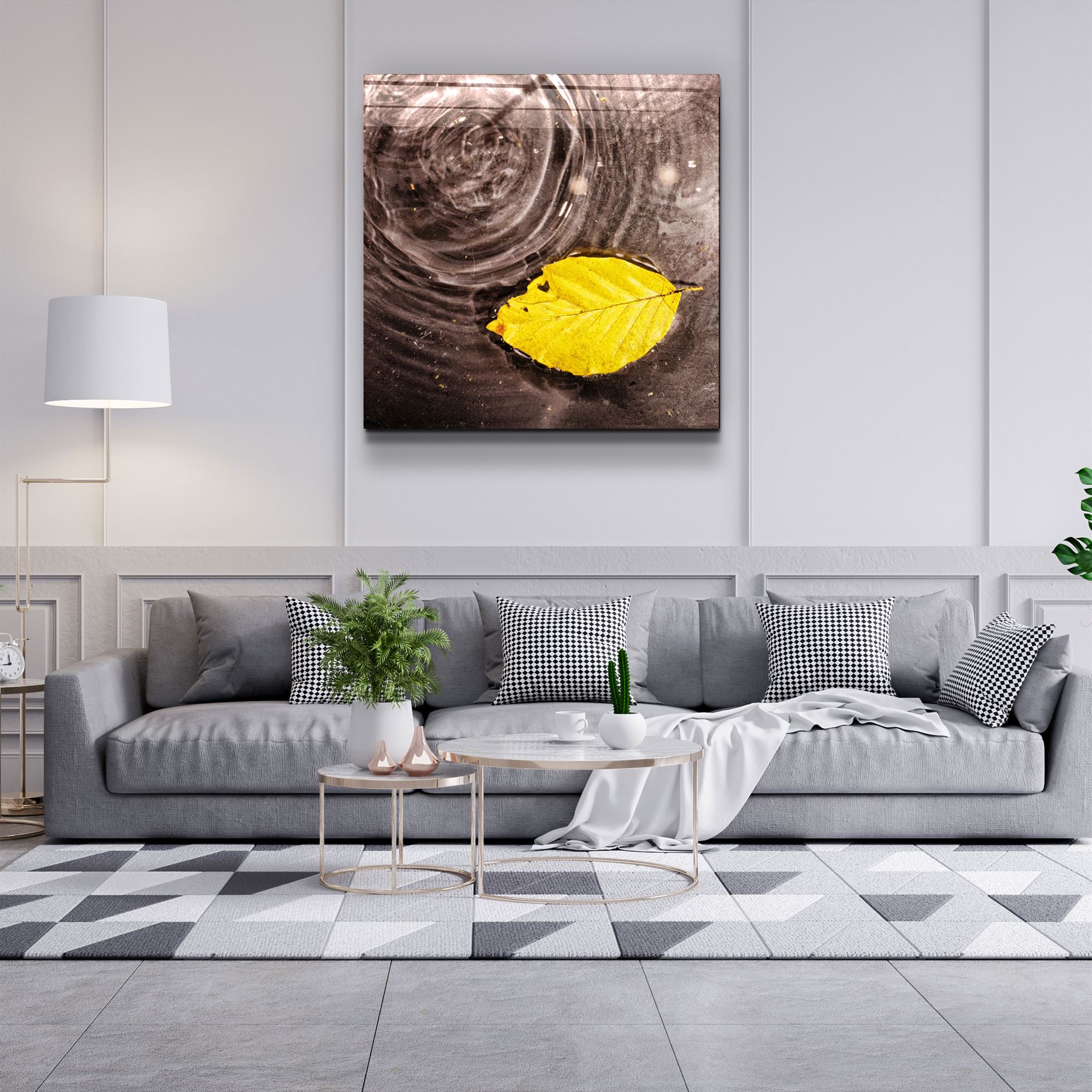 ・"Yellow Leaf on the Water"・Glass Wall Art
