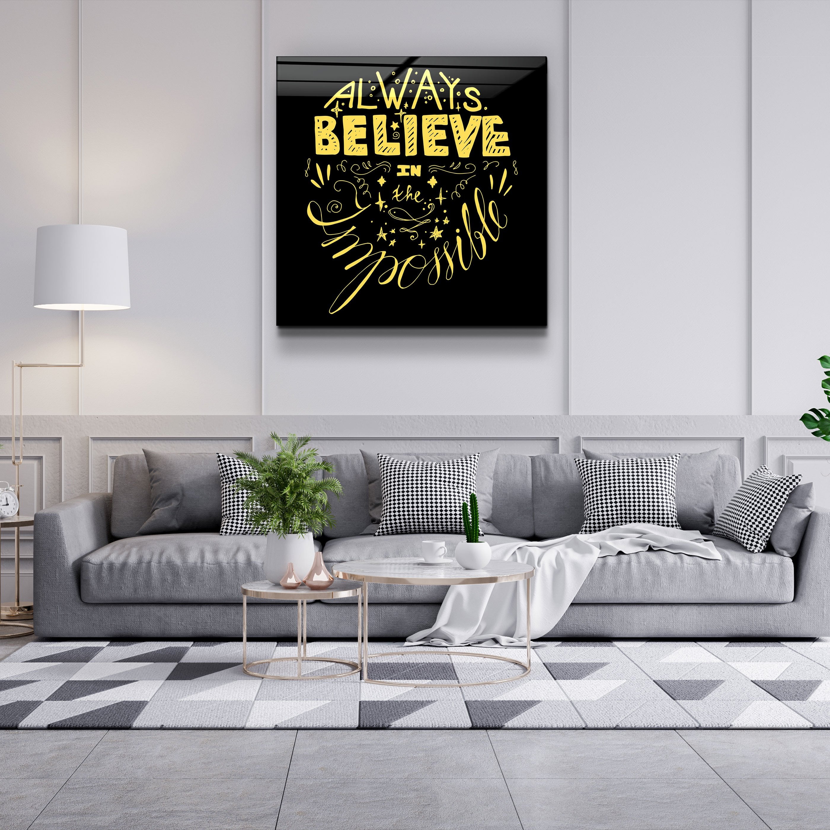 ・"Always Believe in the Impossible-Yellow"・Glass Wall Art