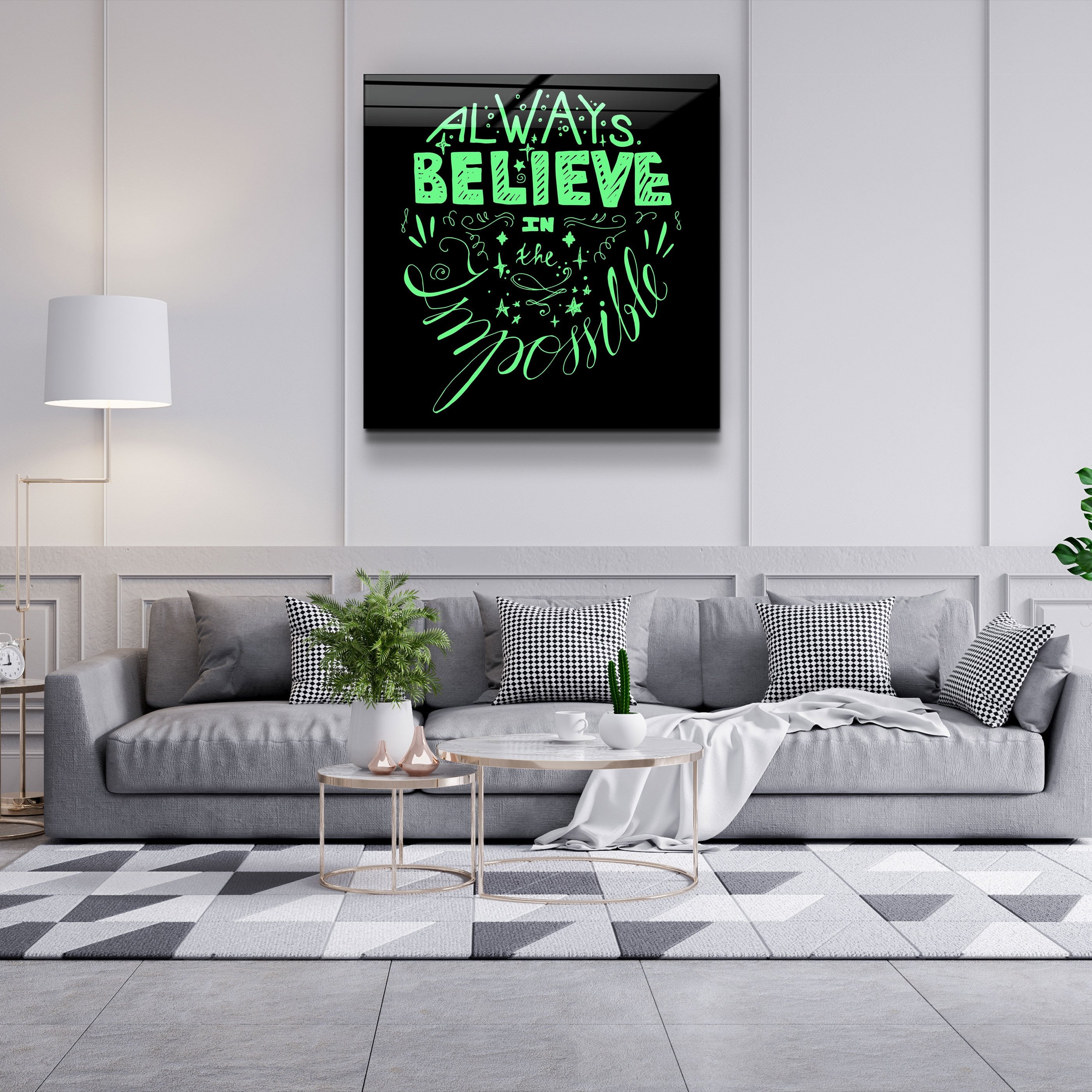 ・"Always Believe in the Impossible-Green"・Glass Wall Art