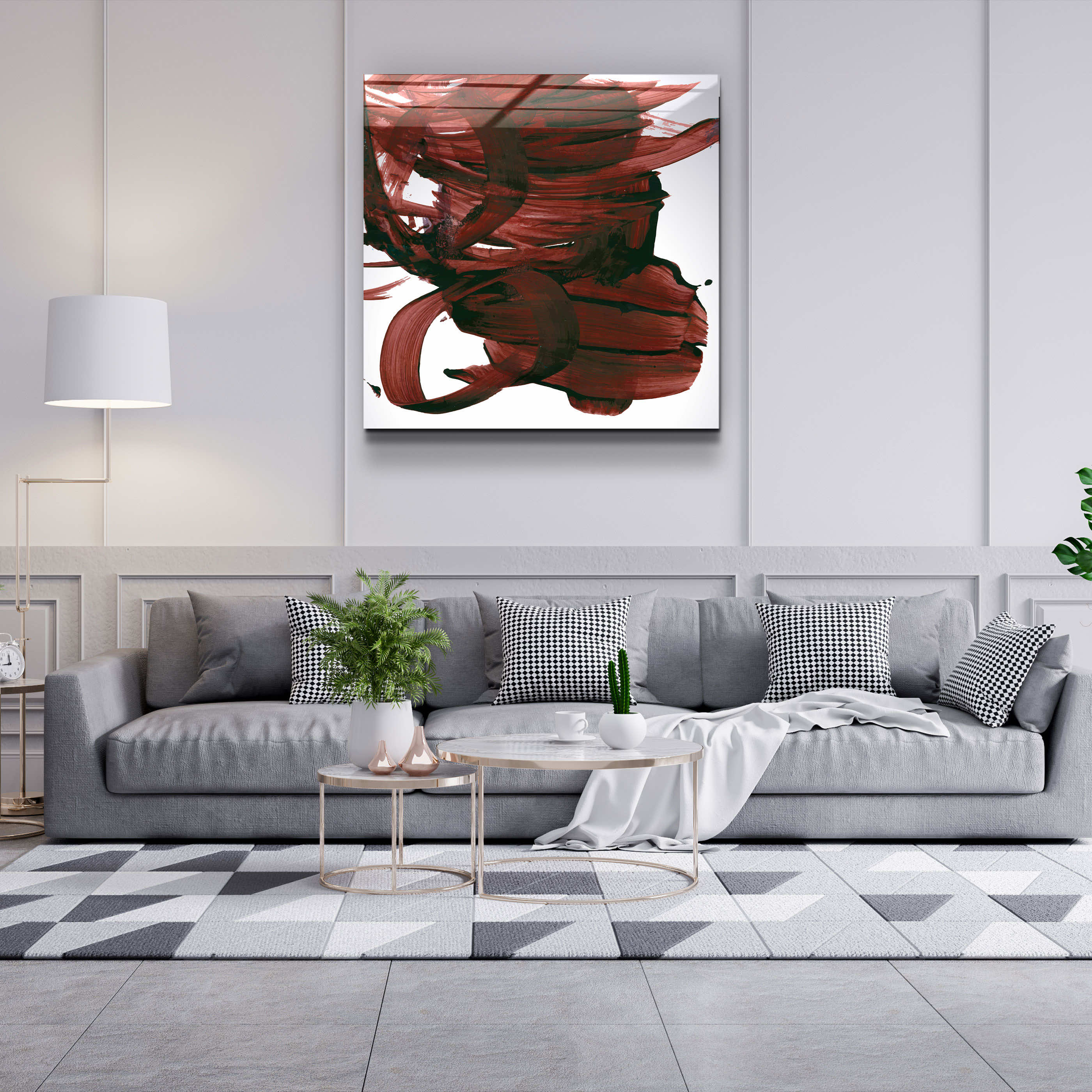 ."Dark Red Abstract Brush Strokes". Designer's Collection Glass Wall Art