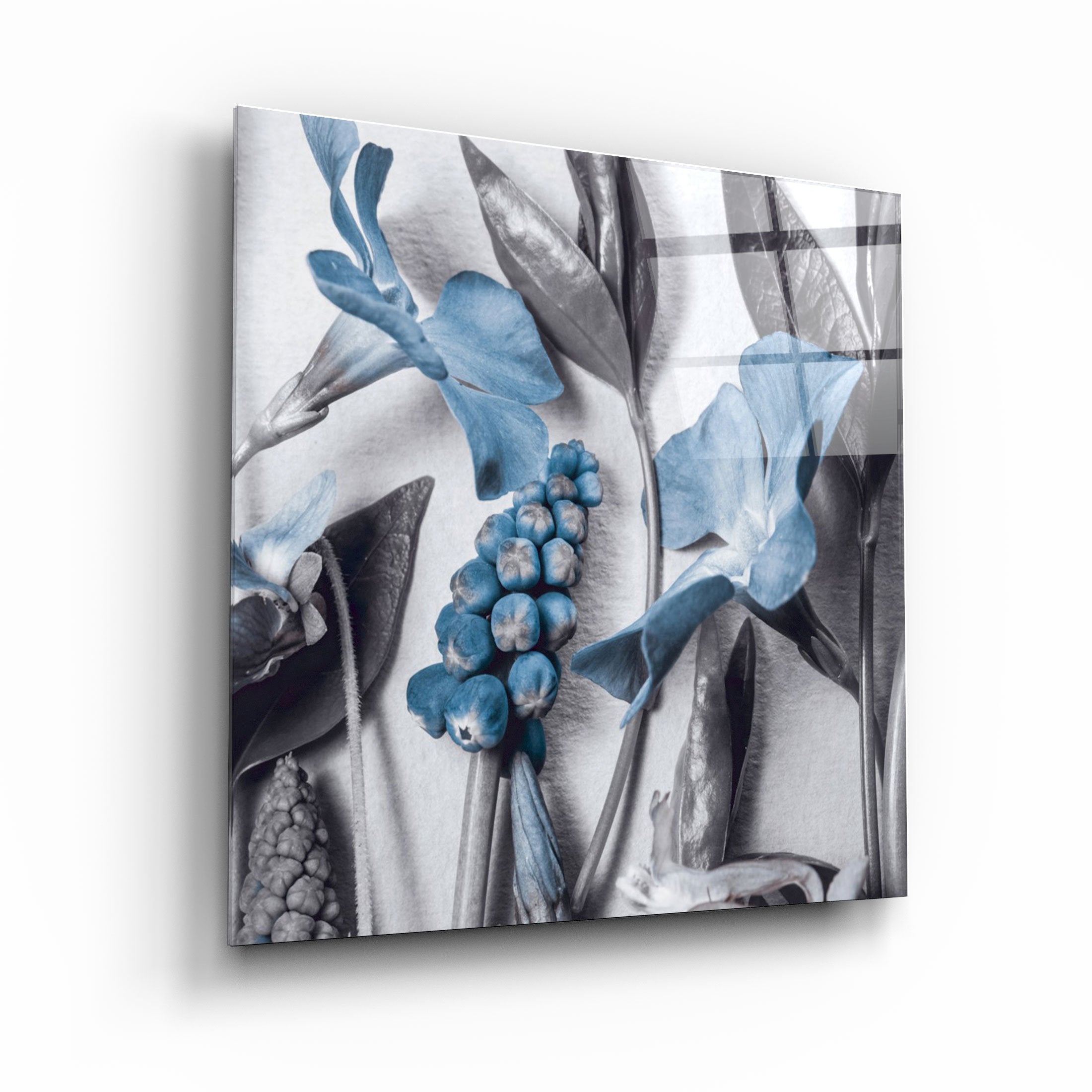 ・"Abstract Blue Flowers"・Glass Wall Art