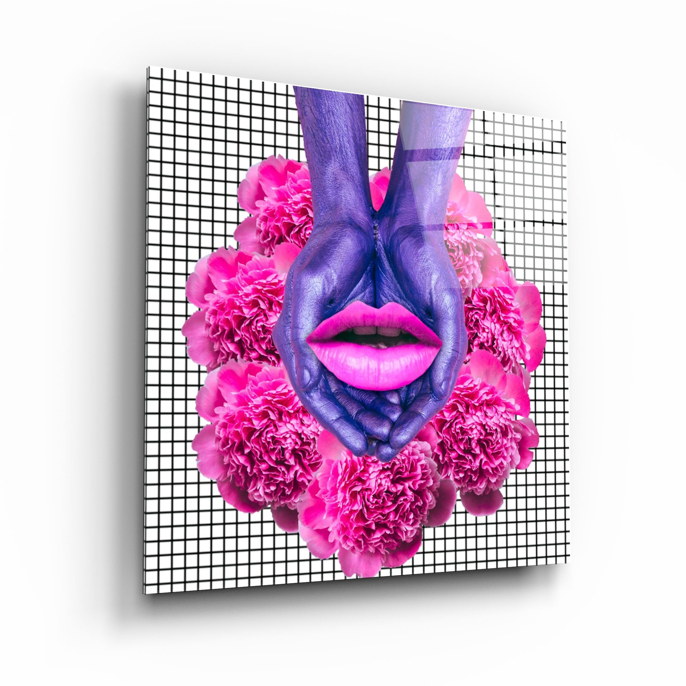 ・"Pink Flowers and Lips"・Glass Wall Art