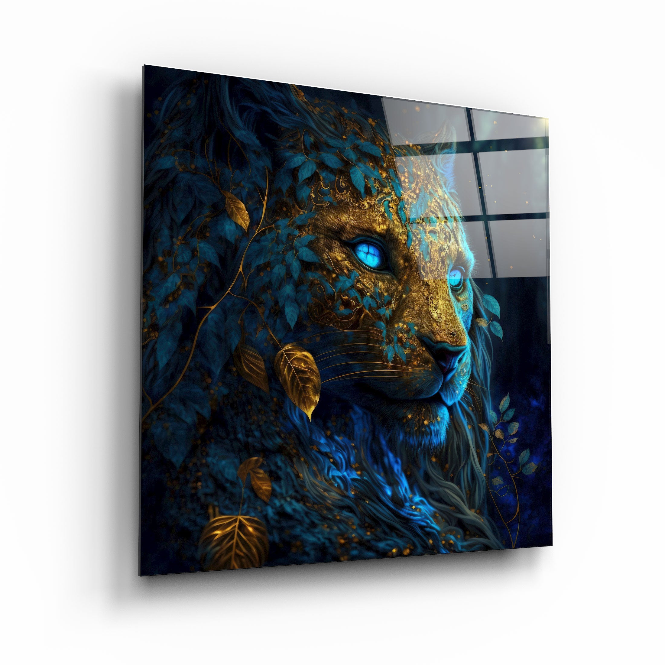 "Majestueux Léopard aux yeux bleus". Art mural en verre de la collection Secret World