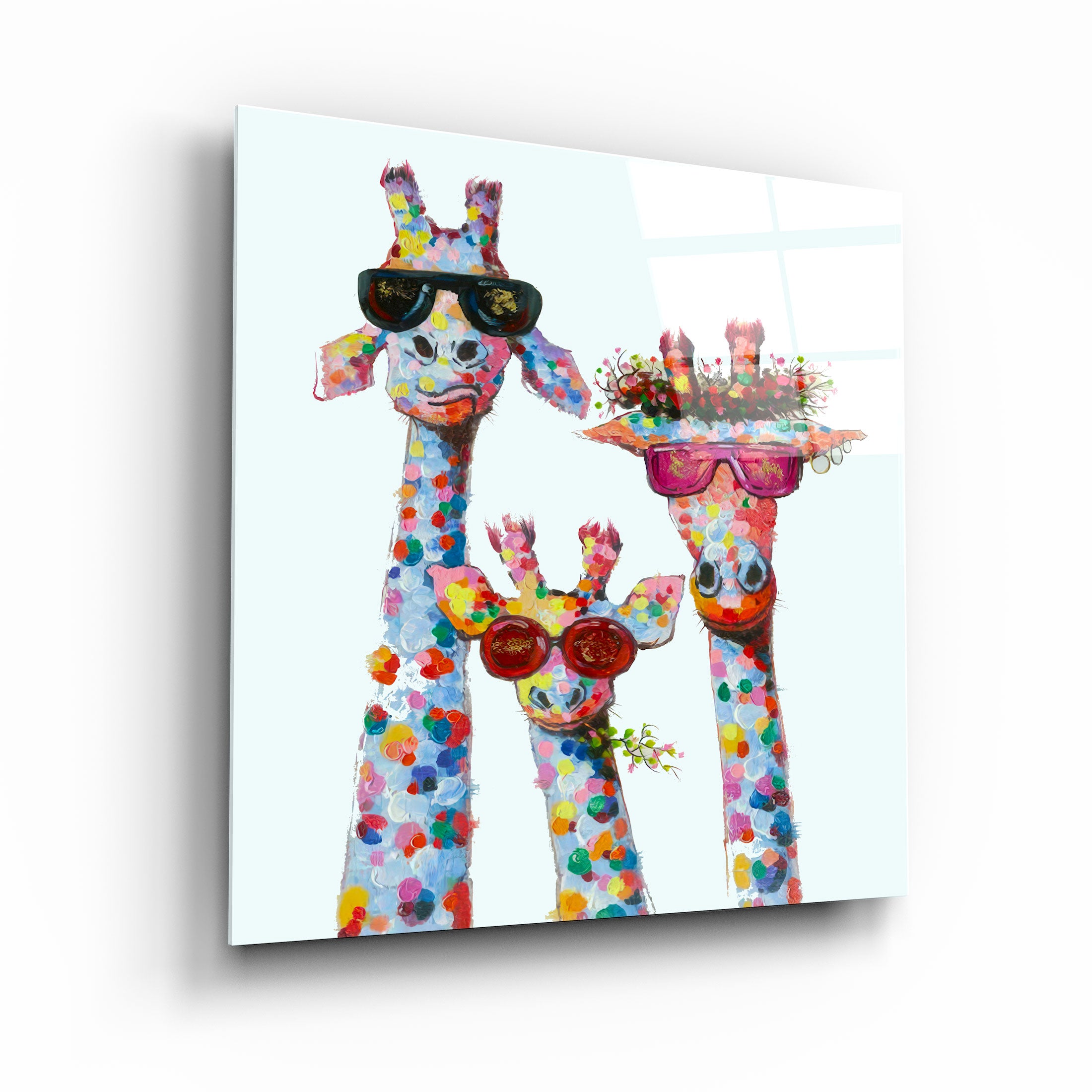 "Famille drôle de girafe". Art mural en verre de la collection du designer