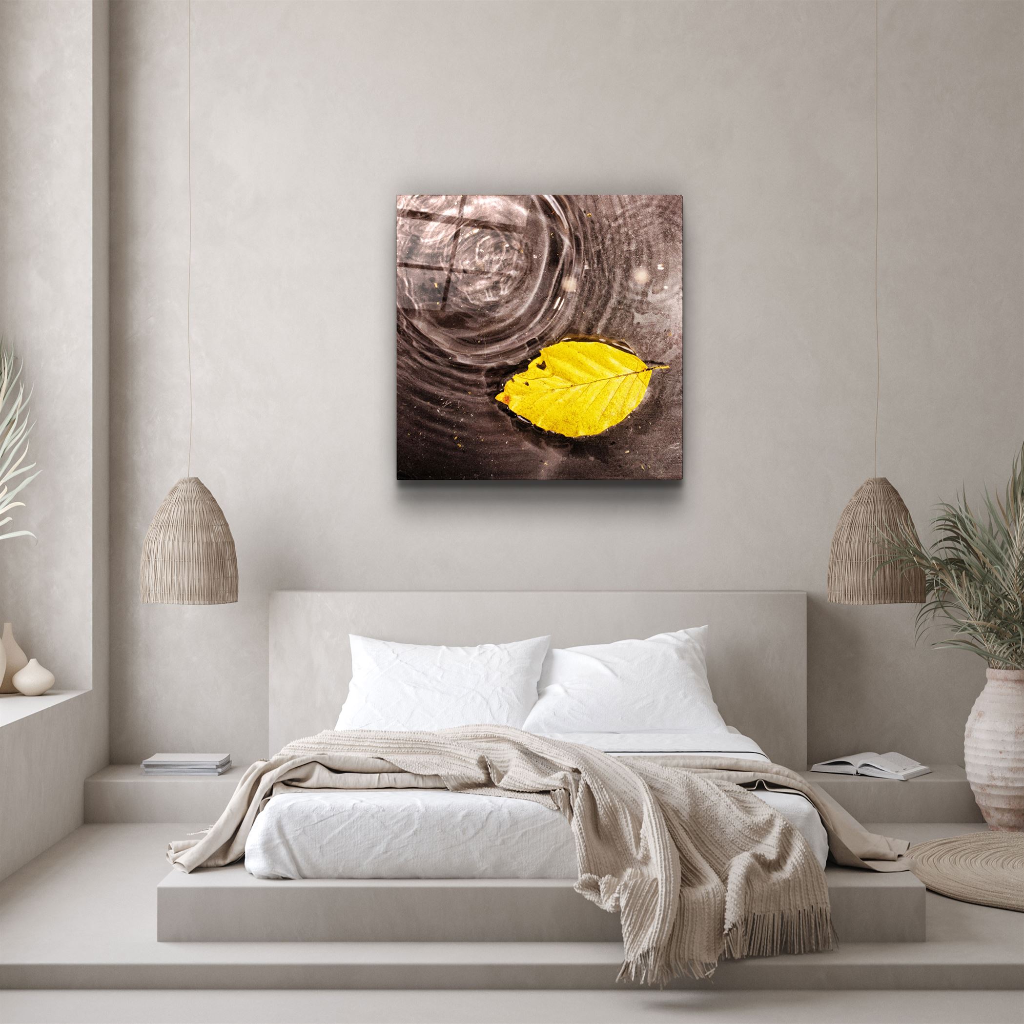 ・"Yellow Leaf on the Water"・Glass Wall Art