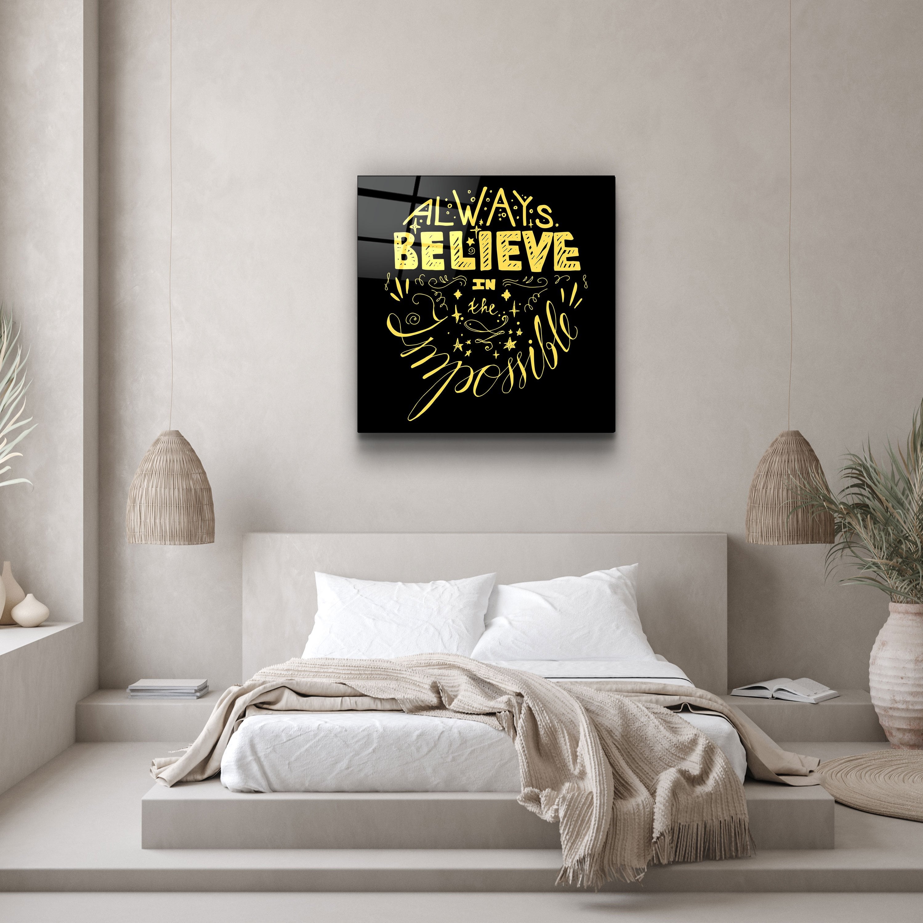 ・"Always Believe in the Impossible-Yellow"・Glass Wall Art