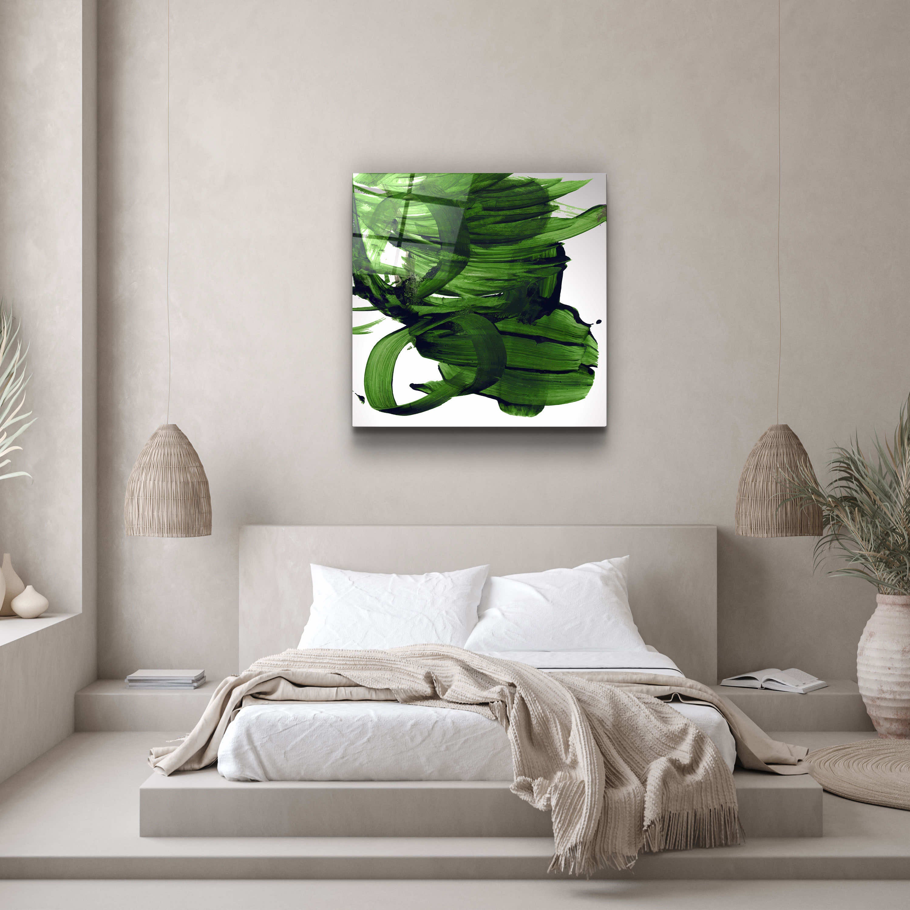 „Grüne abstrakte Pinselstriche“. Designerkollektion <tc>Glasbild</tc>