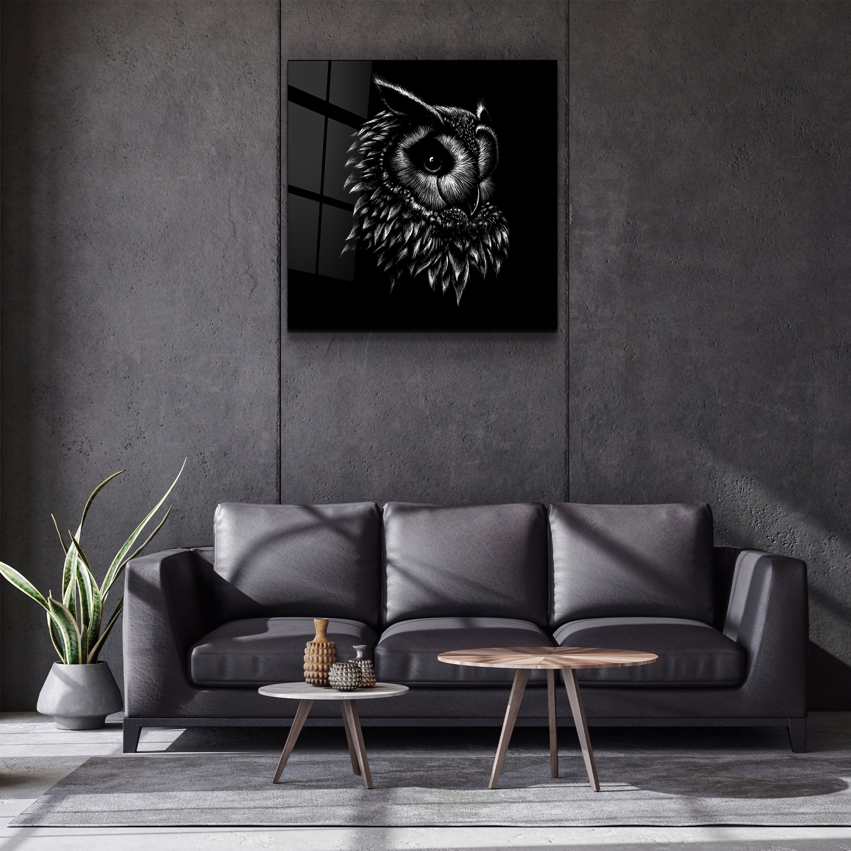 ・"Abstract Black Owl"・Glass Wall Art