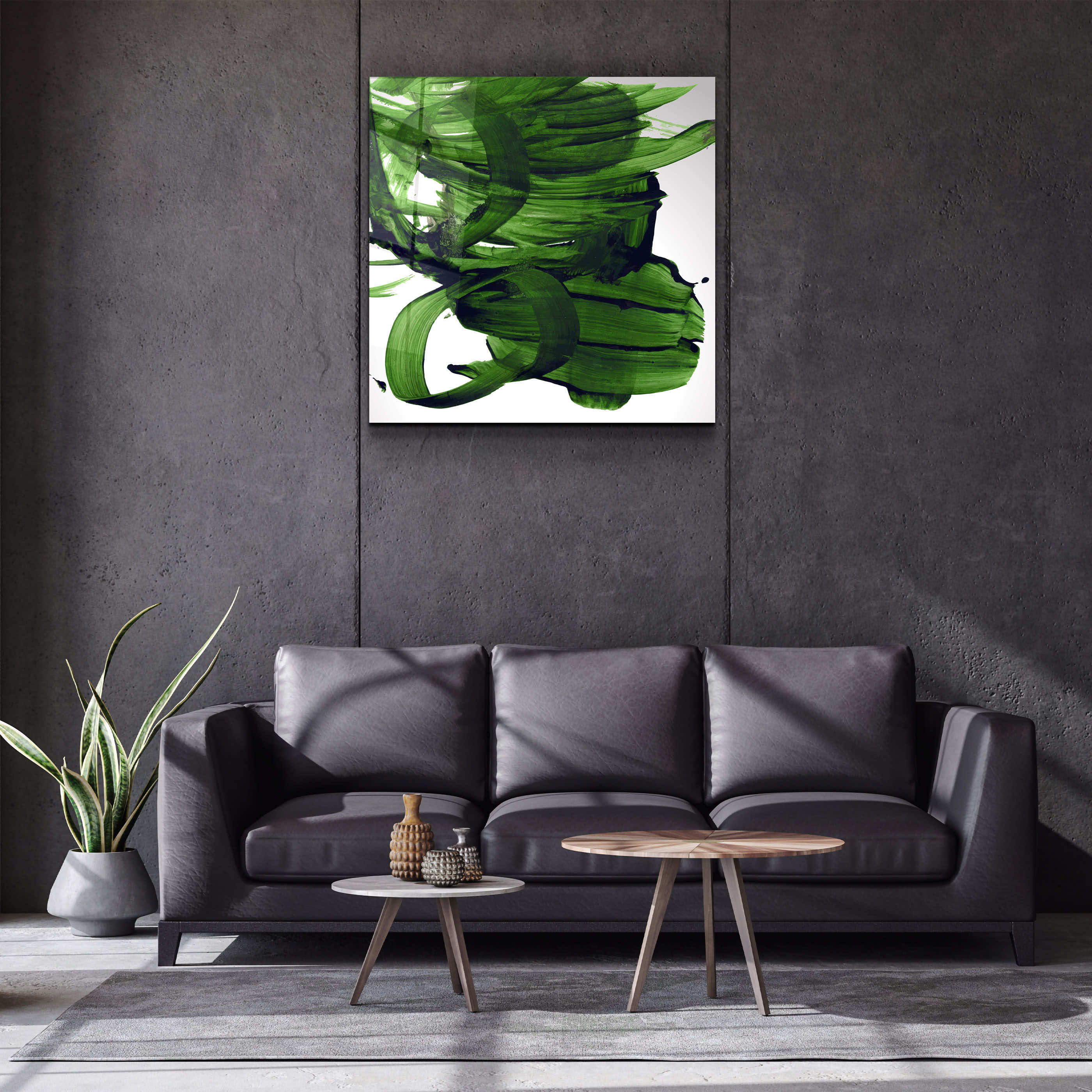 "Coups de pinceau abstraits verts". Art mural en verre de la collection du designer