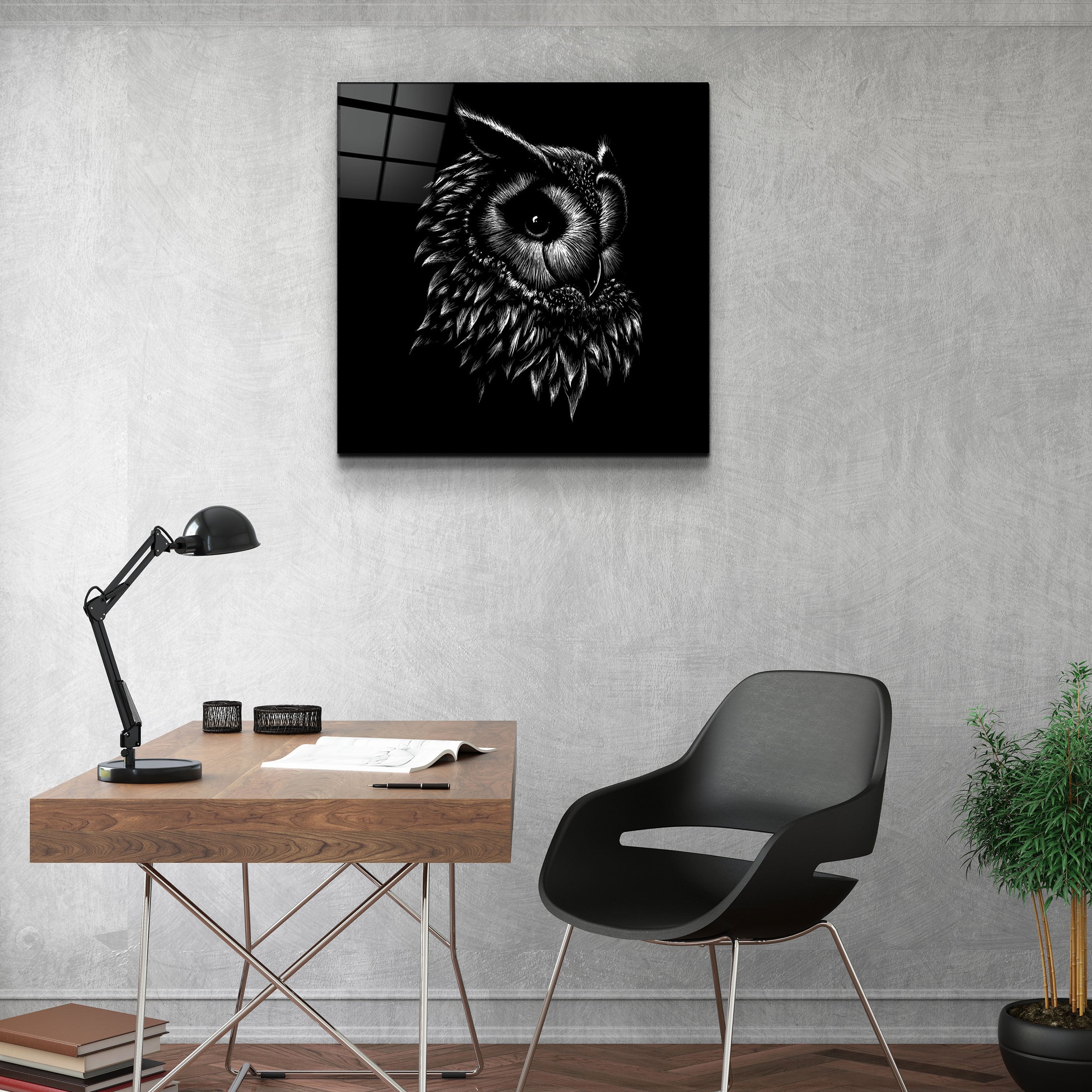 ・"Abstract Black Owl"・Glass Wall Art