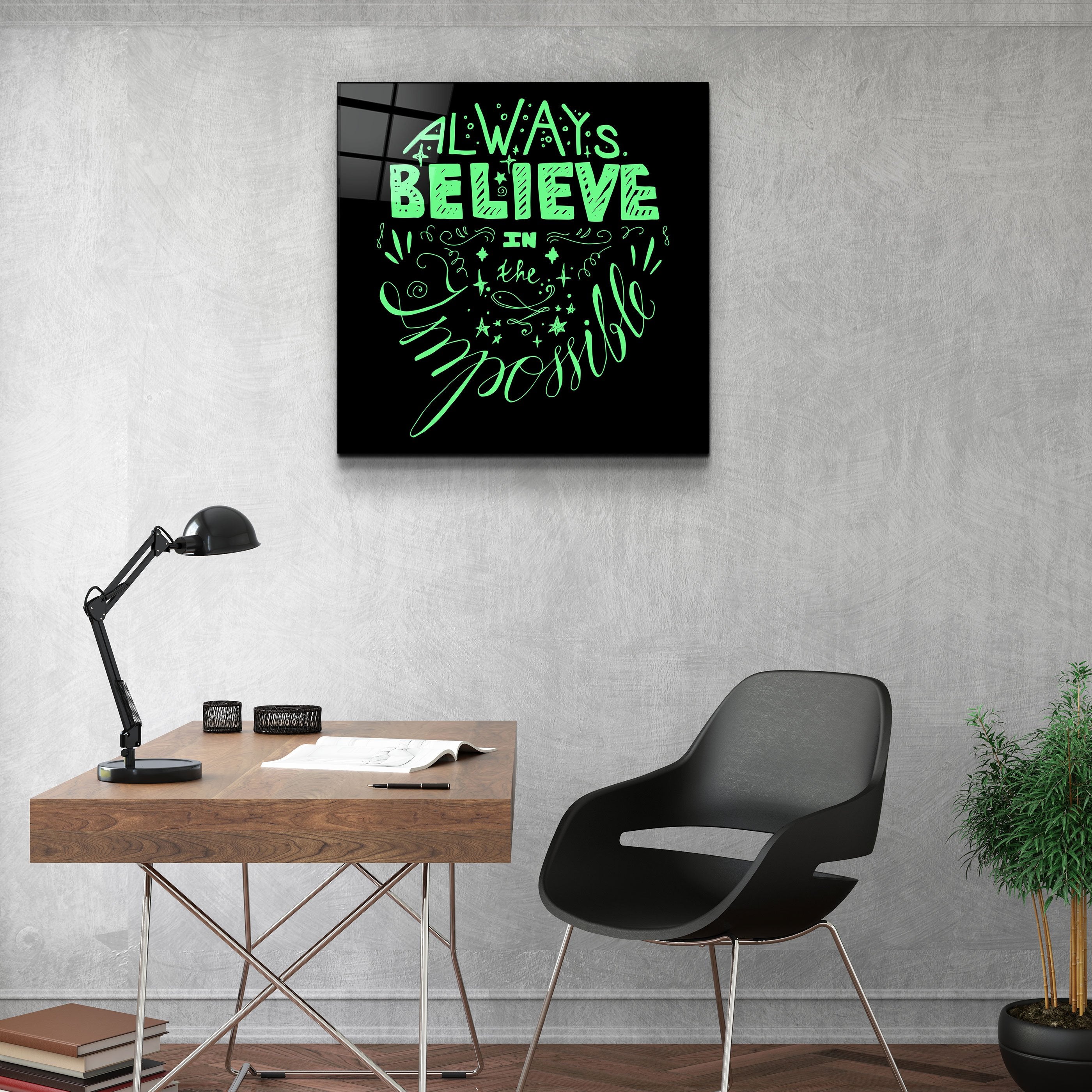 ・"Always Believe in the Impossible-Green"・Glass Wall Art