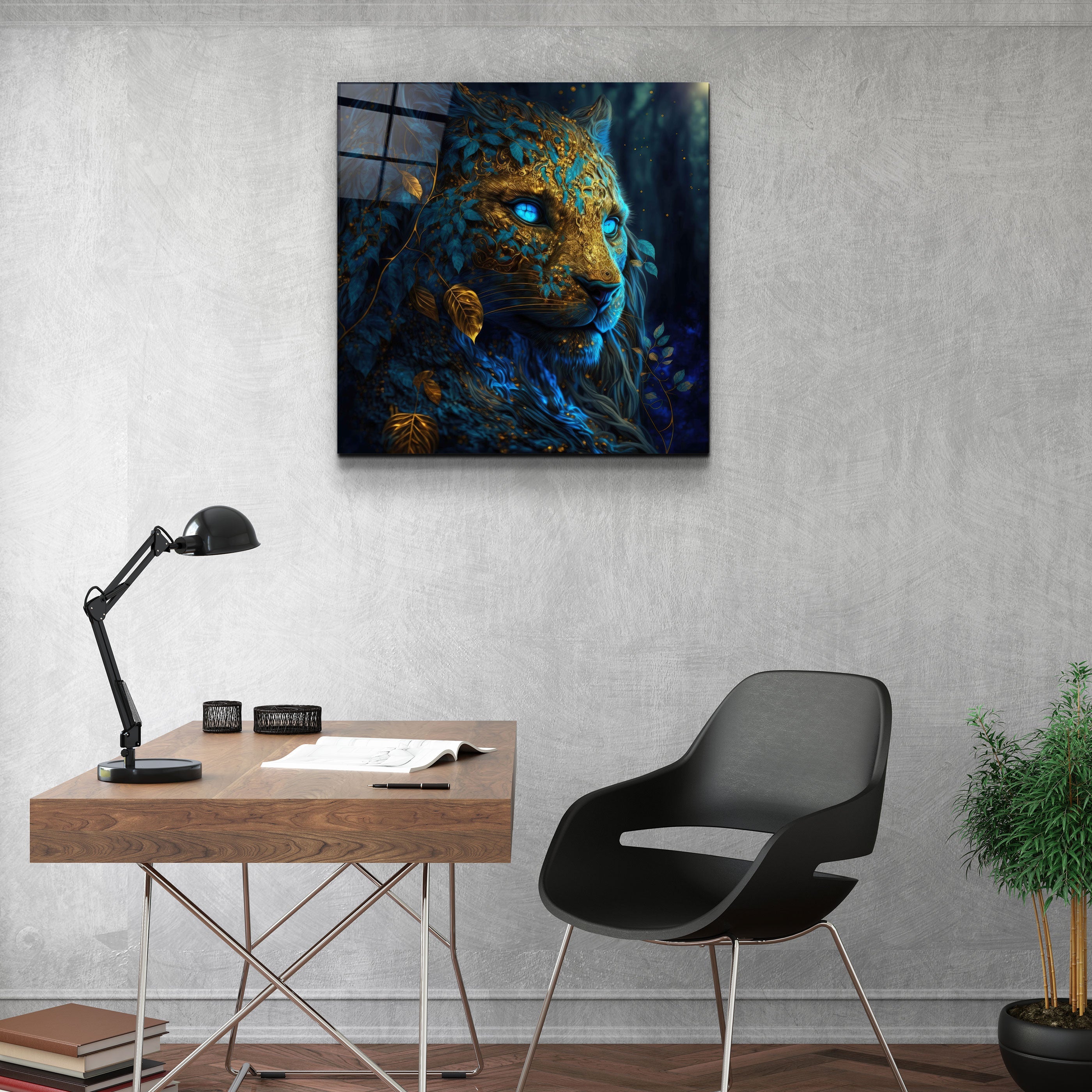 ."Majestic Blue-Eyed Leopard". Secret World Collection Glass Wall Art