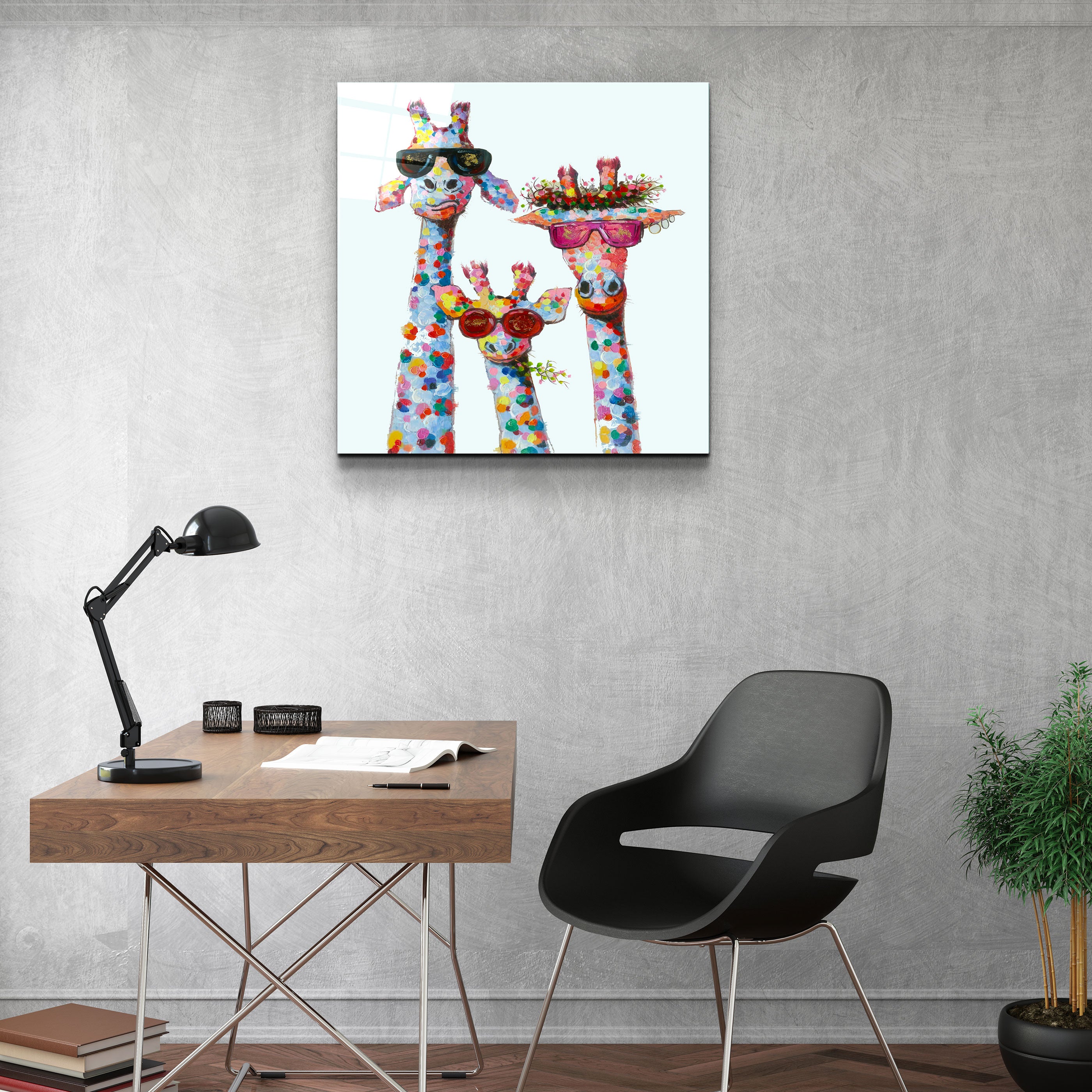 ."Funny Giraffe Family". Designer's Collection Glass Wall Art