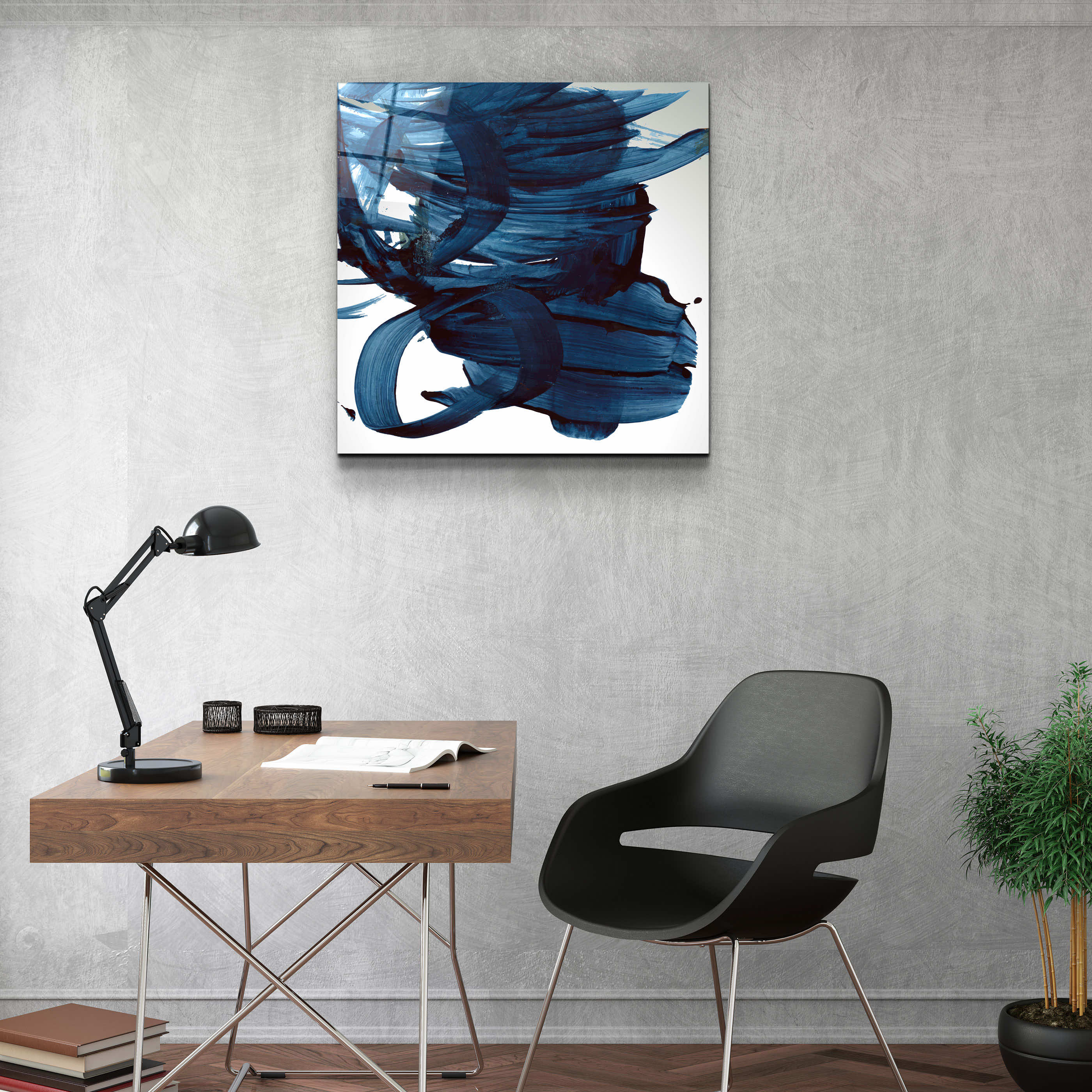 „Marineblaue abstrakte Pinselstriche“. Designerkollektion <tc>Glasbild</tc>