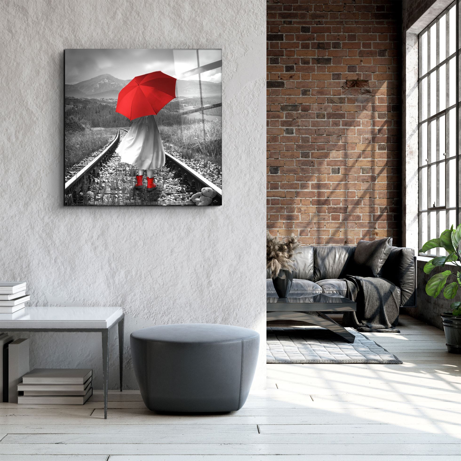 ・"Girl with Red Umbrella"・Glass Wall Art